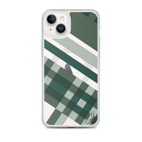 KONG+ Evergreen Plaid MagSafe iPhone case featuring forest green, sage, black and grey diagonal stripes with a geometric check pattern.