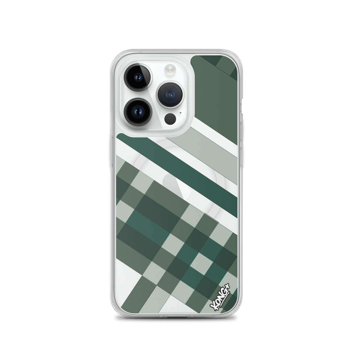 KONG+ Evergreen Plaid MagSafe iPhone case featuring forest green, sage, black and grey diagonal stripes with a geometric check pattern.