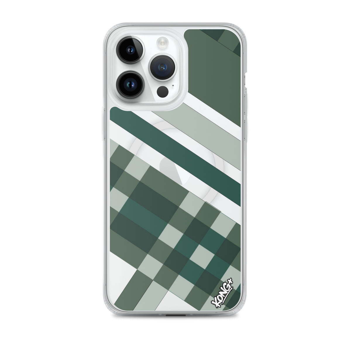 KONG+ Evergreen Plaid MagSafe iPhone case featuring forest green, sage, black and grey diagonal stripes with a geometric check pattern.