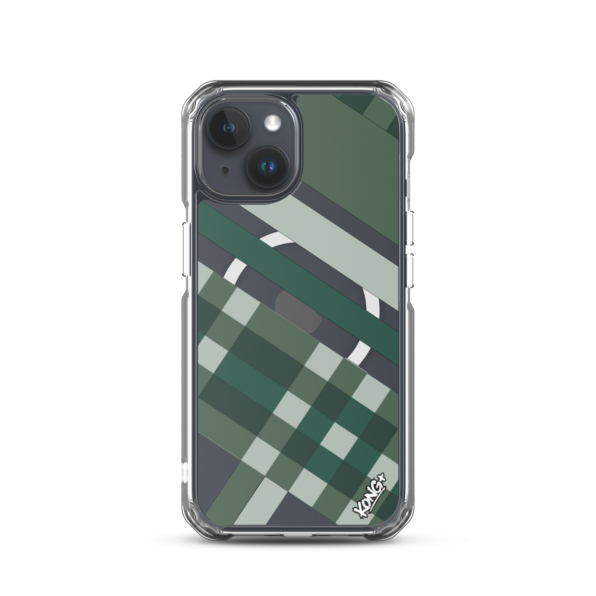 KONG+ Evergreen Plaid MagSafe iPhone case featuring forest green, sage, black and grey diagonal stripes with a geometric check pattern.