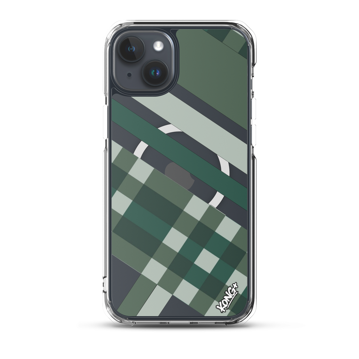 KONG+ Evergreen Plaid MagSafe iPhone case featuring forest green, sage, black and grey diagonal stripes with a geometric check pattern.