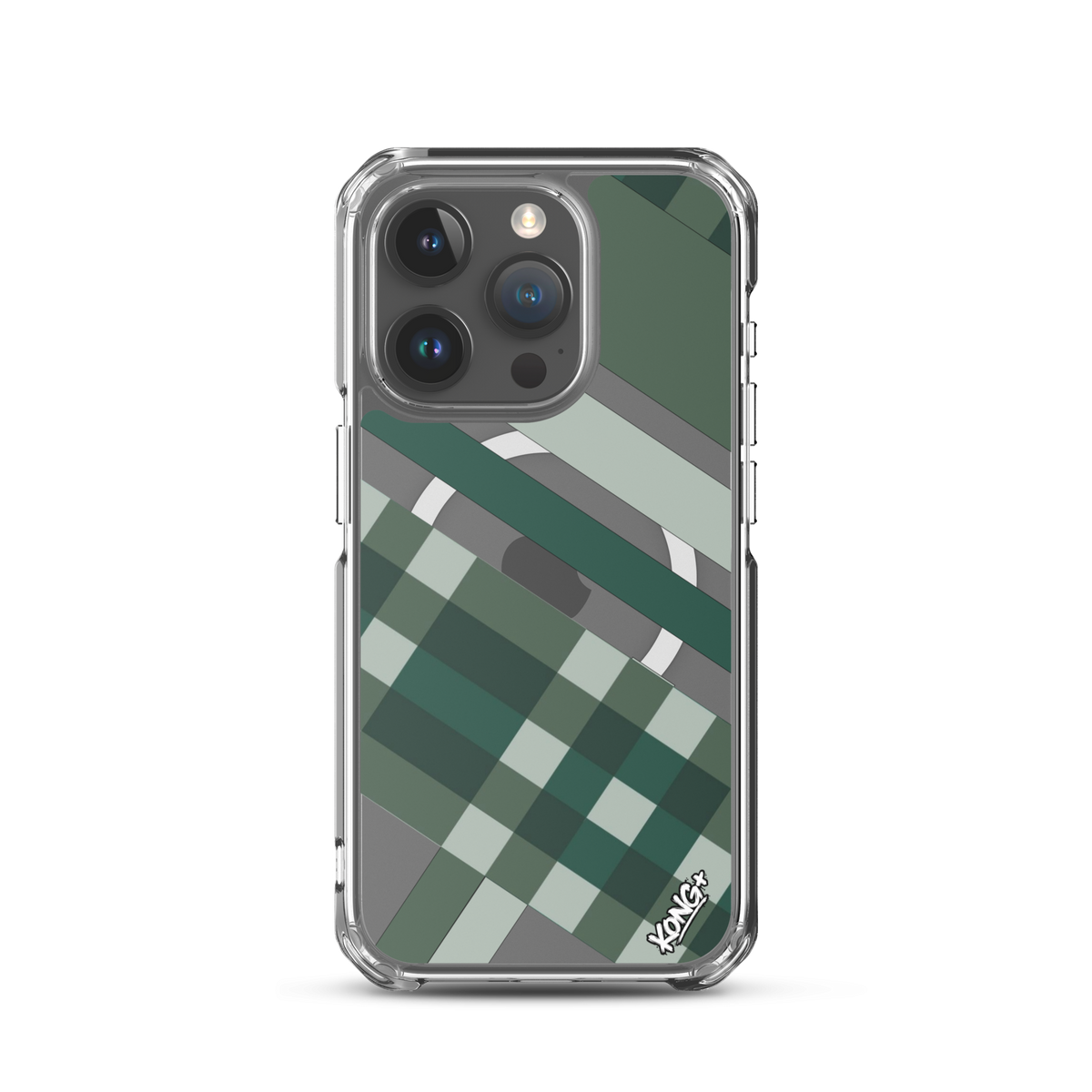 KONG+ Evergreen Plaid MagSafe iPhone case featuring forest green, sage, black and grey diagonal stripes with a geometric check pattern.