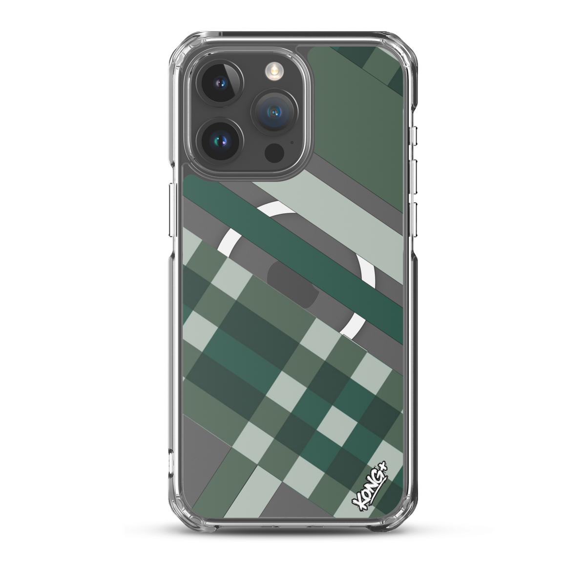 KONG+ Evergreen Plaid MagSafe iPhone case featuring forest green, sage, black and grey diagonal stripes with a geometric check pattern.