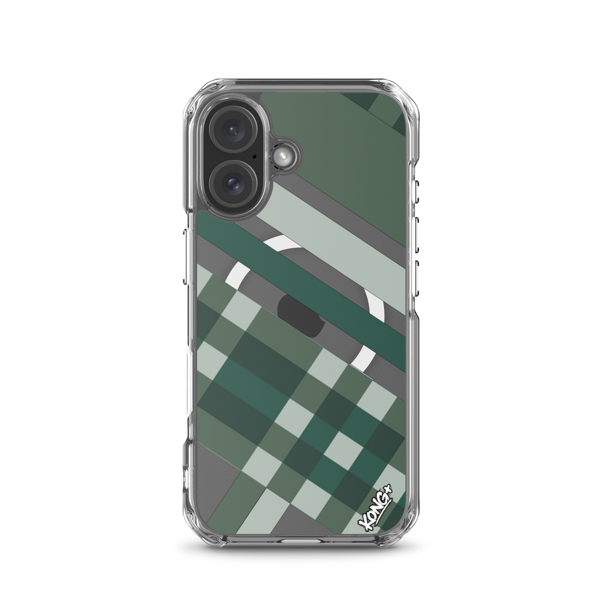 KONG+ Evergreen Plaid MagSafe iPhone case featuring forest green, sage, black and grey diagonal stripes with a geometric check pattern.