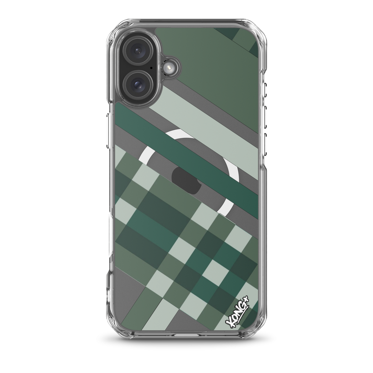 KONG+ Evergreen Plaid MagSafe iPhone case featuring forest green, sage, black and grey diagonal stripes with a geometric check pattern.