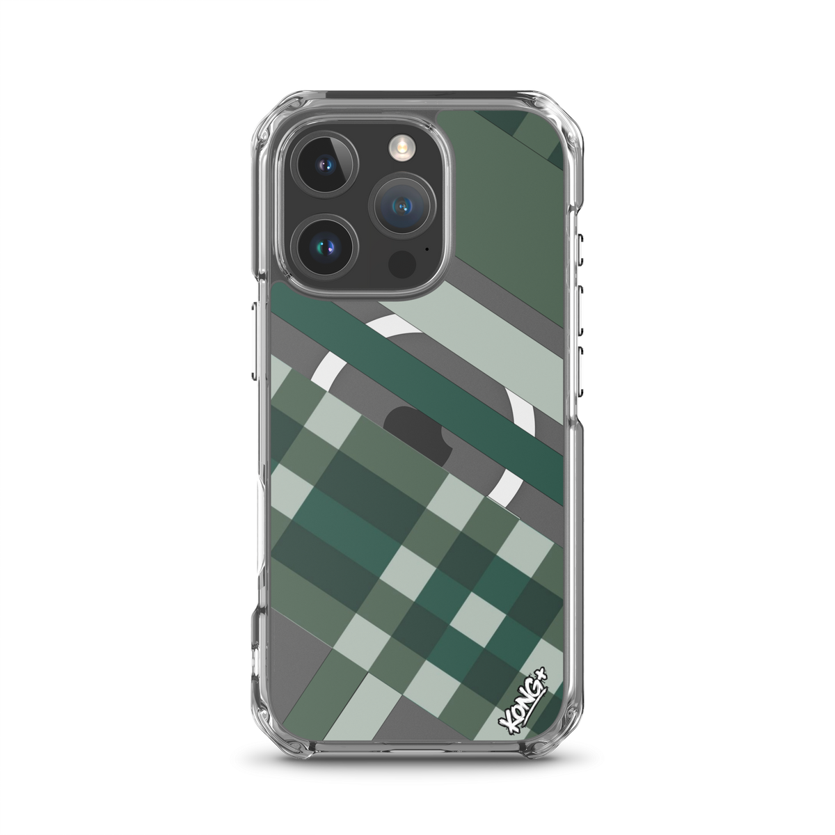 KONG+ Evergreen Plaid MagSafe iPhone case featuring forest green, sage, black and grey diagonal stripes with a geometric check pattern.