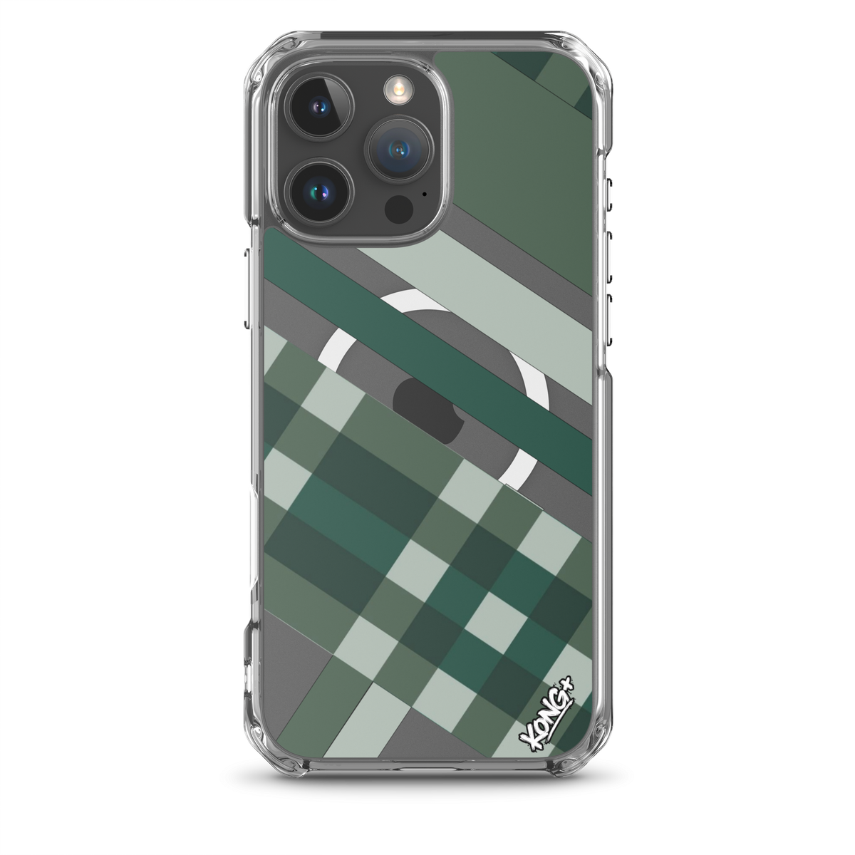 KONG+ Evergreen Plaid MagSafe iPhone case featuring forest green, sage, black and grey diagonal stripes with a geometric check pattern.
