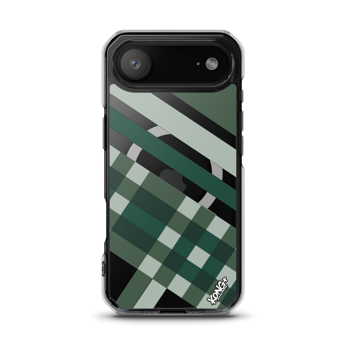 KONG+ Evergreen Plaid MagSafe iPhone case featuring forest green, sage, black and grey diagonal stripes with a geometric check pattern.