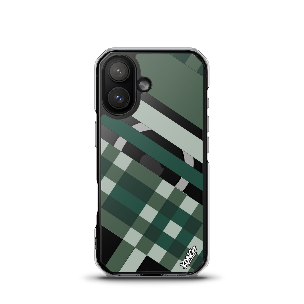 KONG+ Evergreen Plaid MagSafe iPhone case featuring forest green, sage, black and grey diagonal stripes with a geometric check pattern.