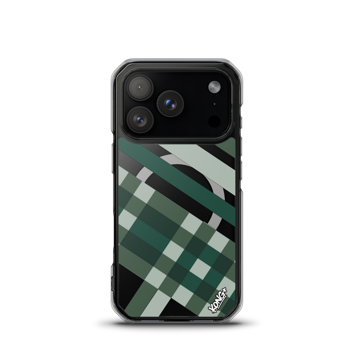KONG+ Evergreen Plaid MagSafe iPhone case featuring forest green, sage, black and grey diagonal stripes with a geometric check pattern.