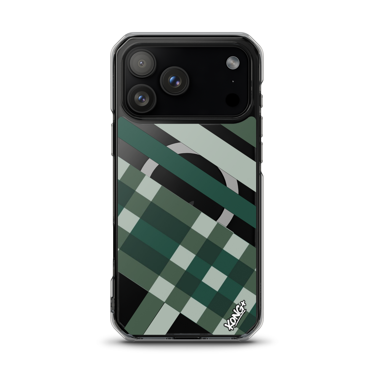 KONG+ Evergreen Plaid MagSafe iPhone case featuring forest green, sage, black and grey diagonal stripes with a geometric check pattern.