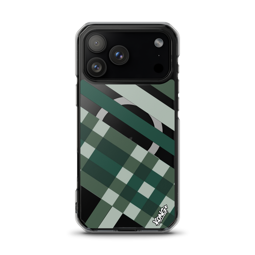 KONG+ Evergreen Plaid MagSafe iPhone case featuring forest green, sage, black and grey diagonal stripes with a geometric check pattern.