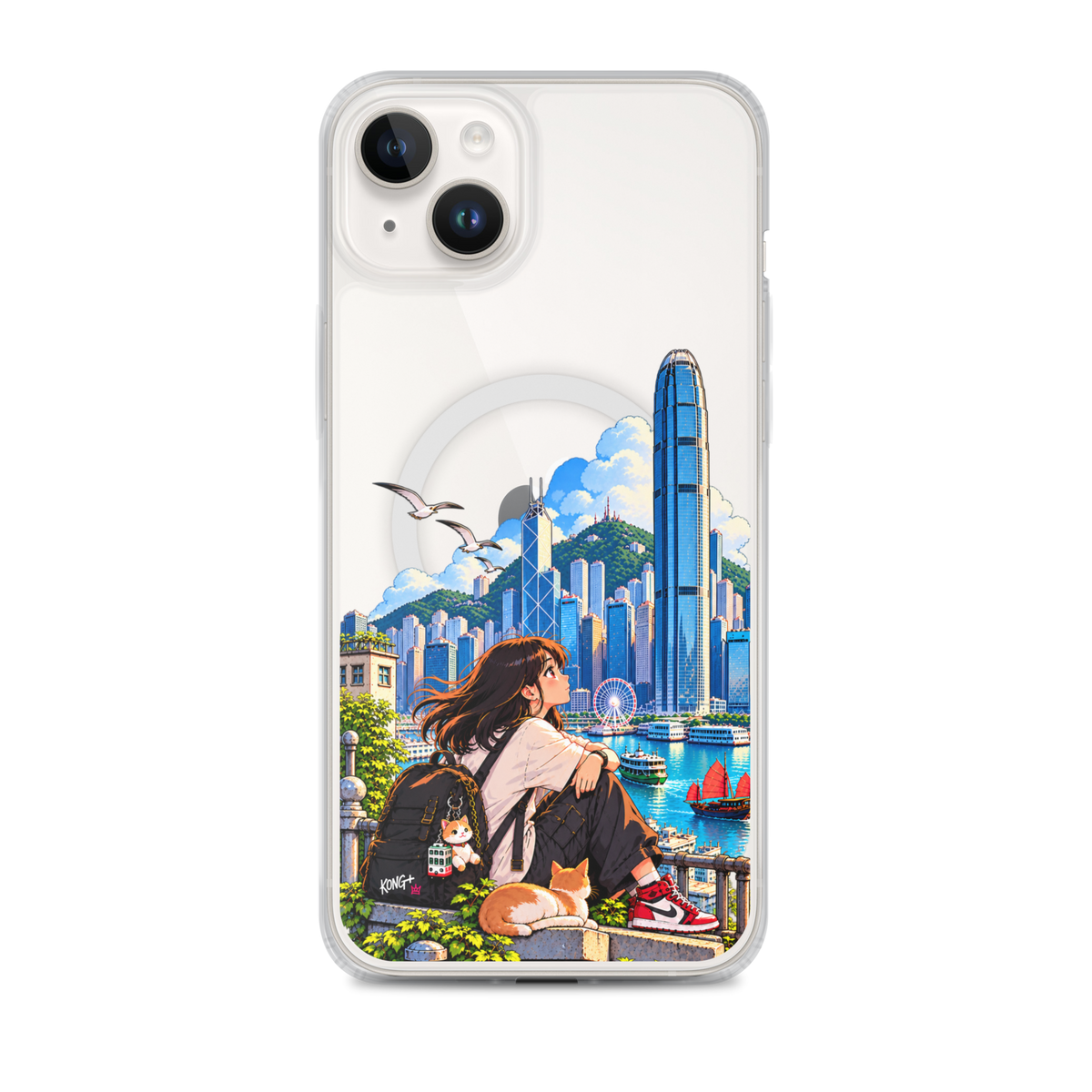 KONG+ Hong Kong Daydream MagSafe iPhone case featuring anime-style girl, cat and colourful Victoria Harbour skyline artwork.