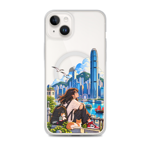 KONG+ Hong Kong Daydream MagSafe iPhone case featuring anime-style girl, cat and colourful Victoria Harbour skyline artwork.