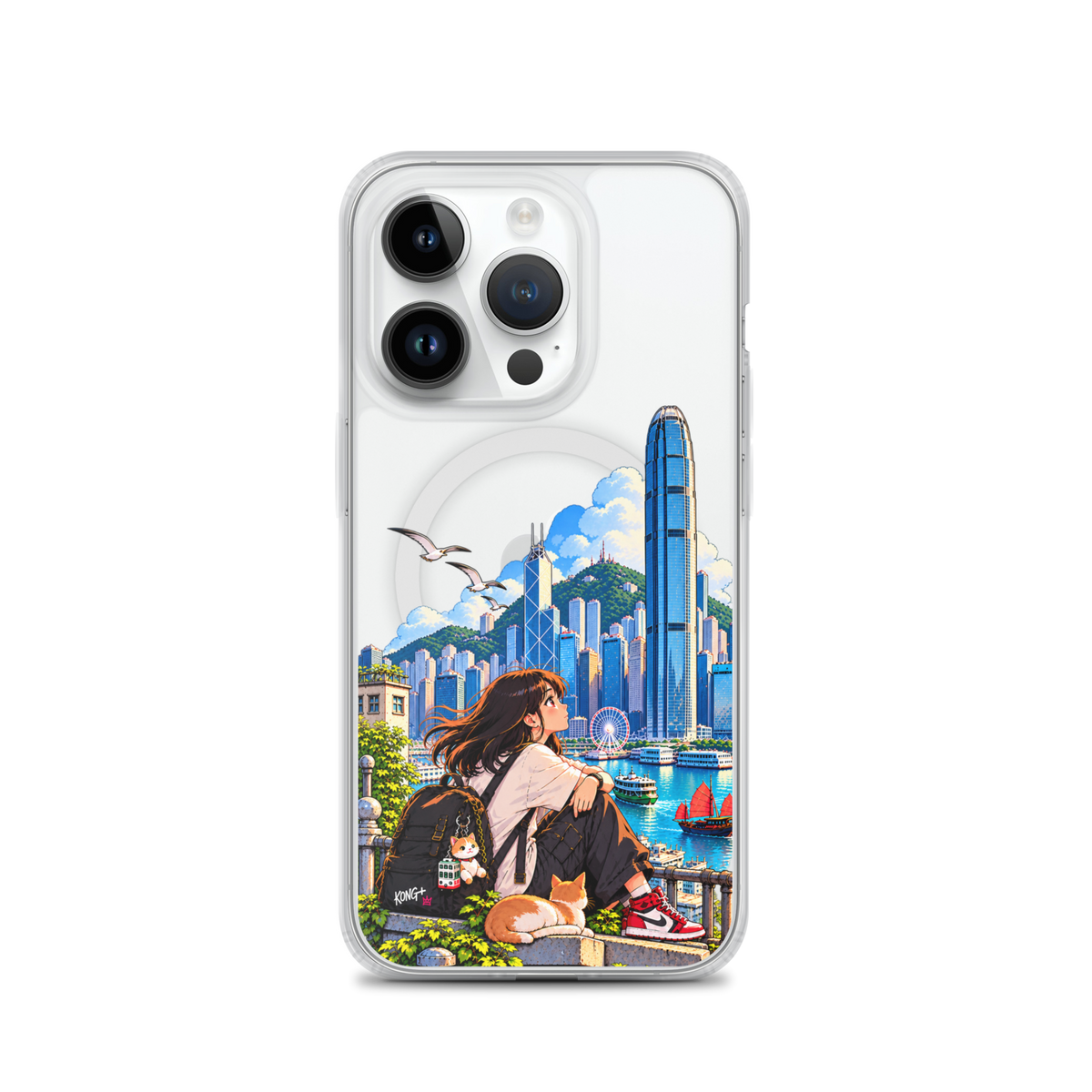 KONG+ Hong Kong Daydream MagSafe iPhone case featuring anime-style girl, cat and colourful Victoria Harbour skyline artwork.