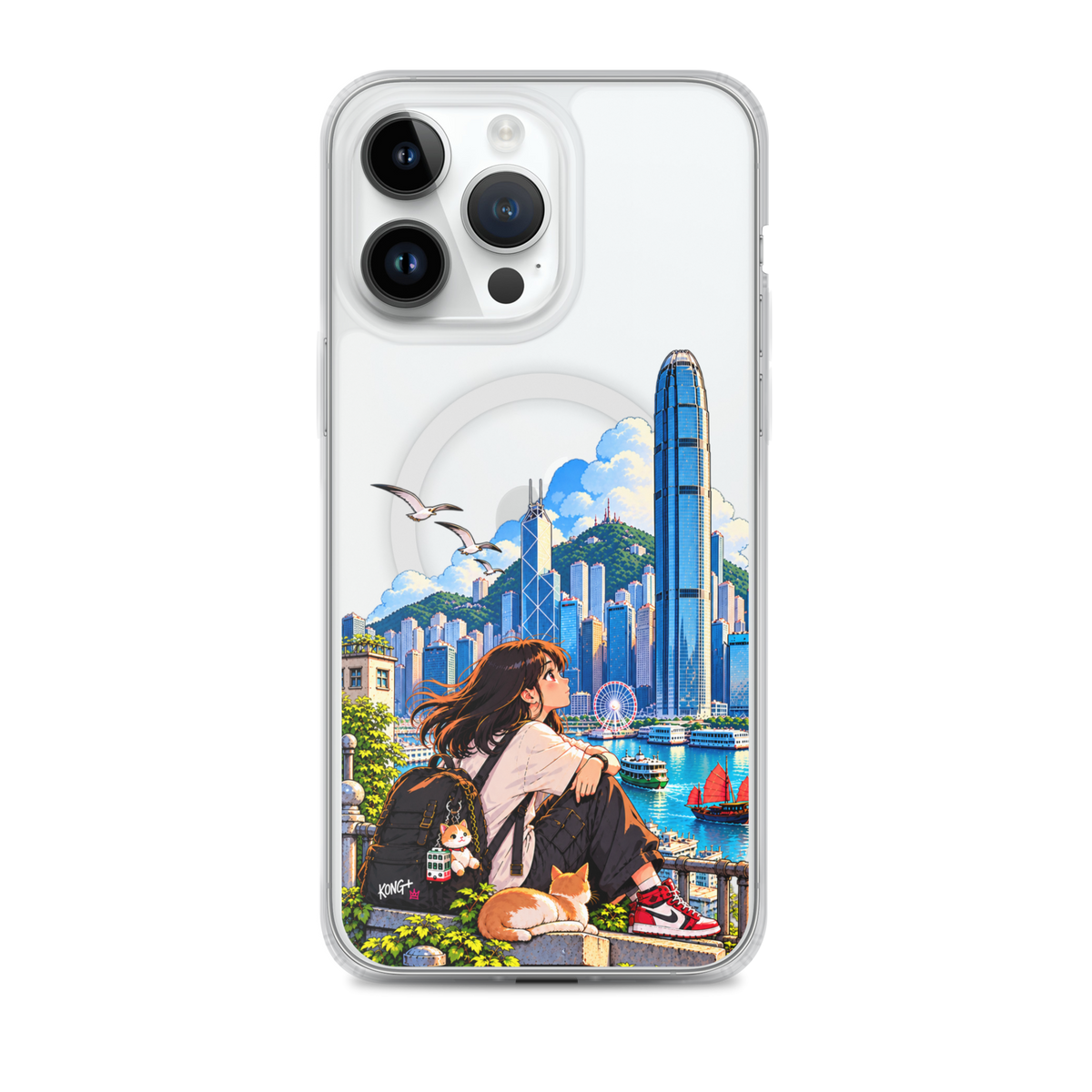 KONG+ Hong Kong Daydream MagSafe iPhone case featuring anime-style girl, cat and colourful Victoria Harbour skyline artwork.