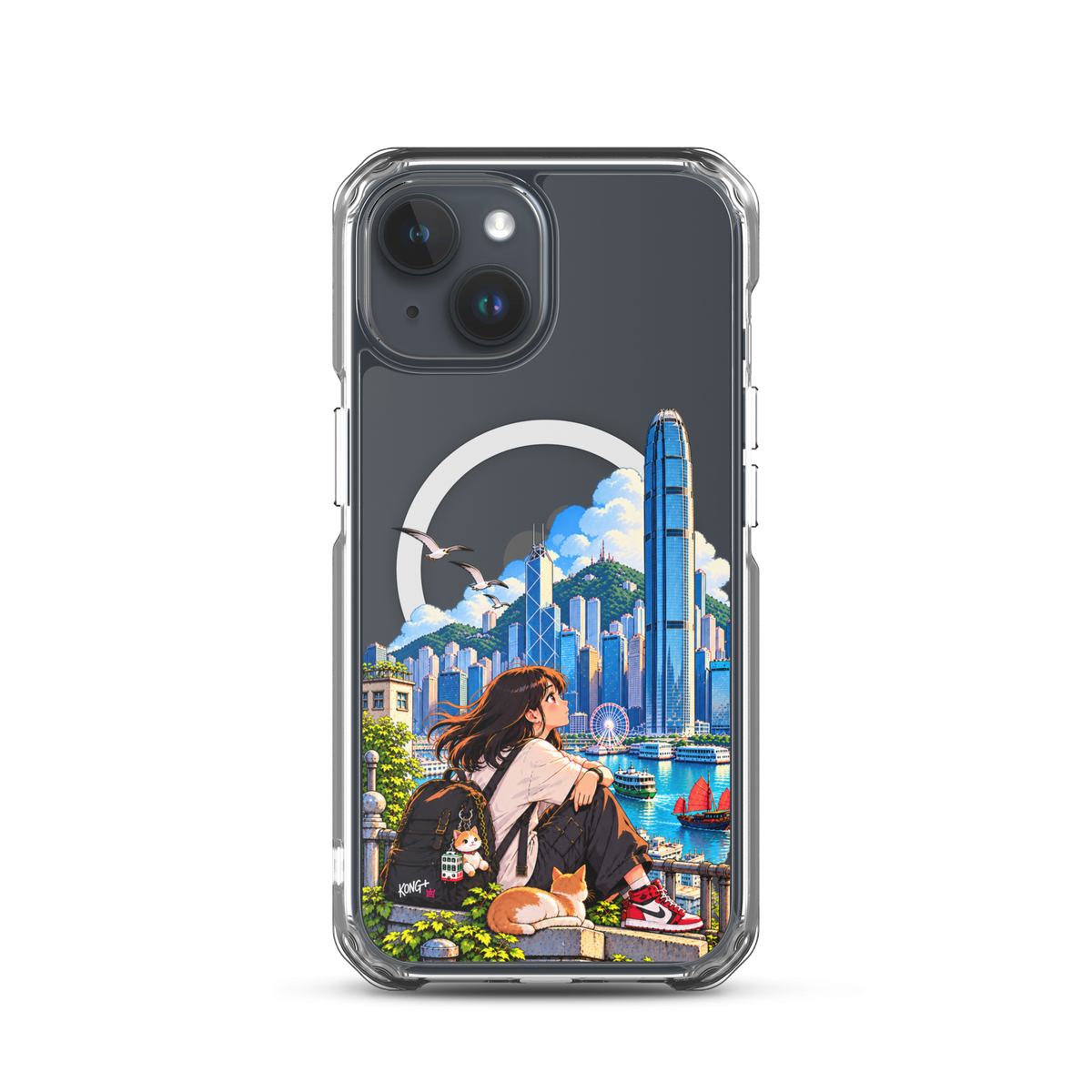 KONG+ Hong Kong Daydream MagSafe iPhone case featuring anime-style girl, cat and colourful Victoria Harbour skyline artwork.