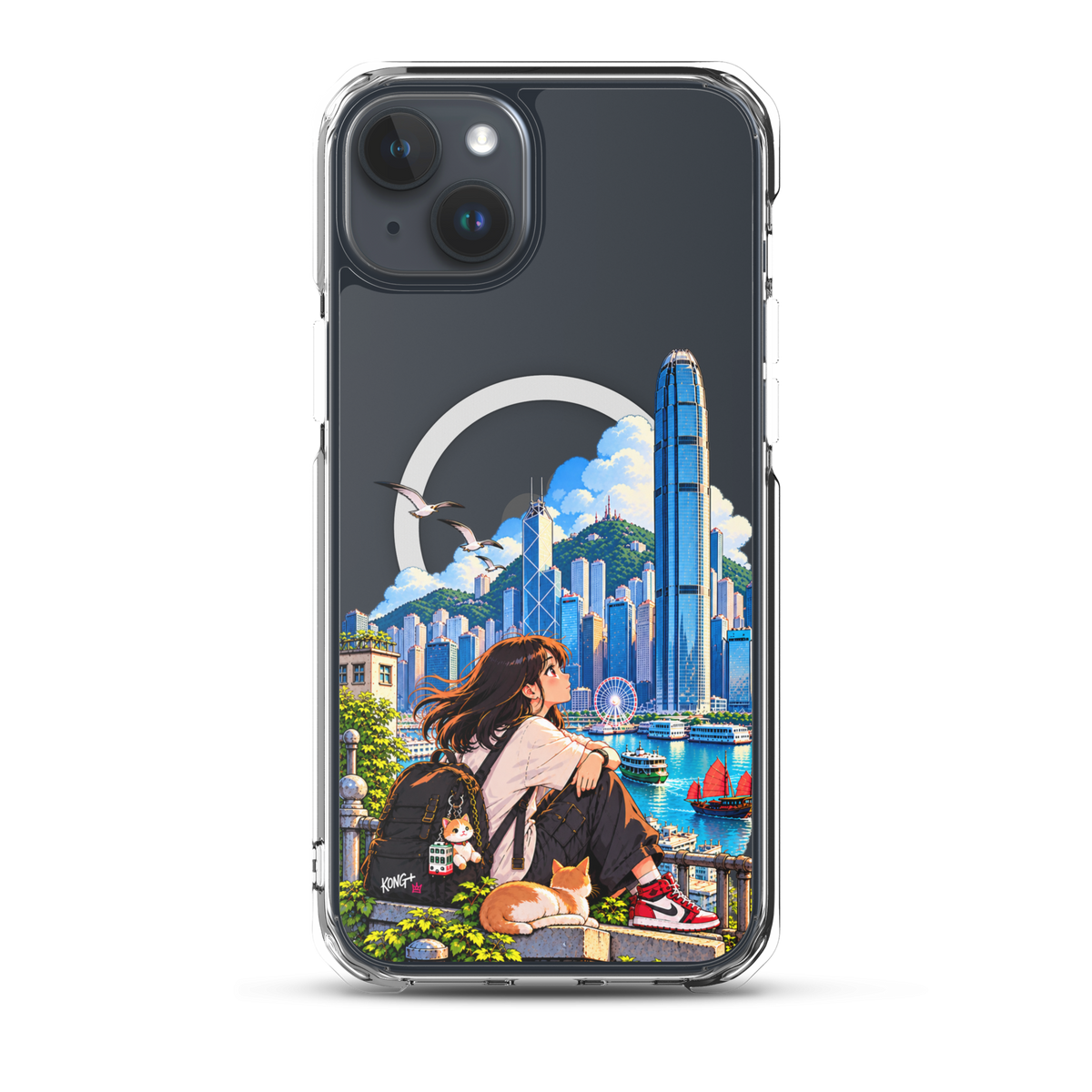 KONG+ Hong Kong Daydream MagSafe iPhone case featuring anime-style girl, cat and colourful Victoria Harbour skyline artwork.
