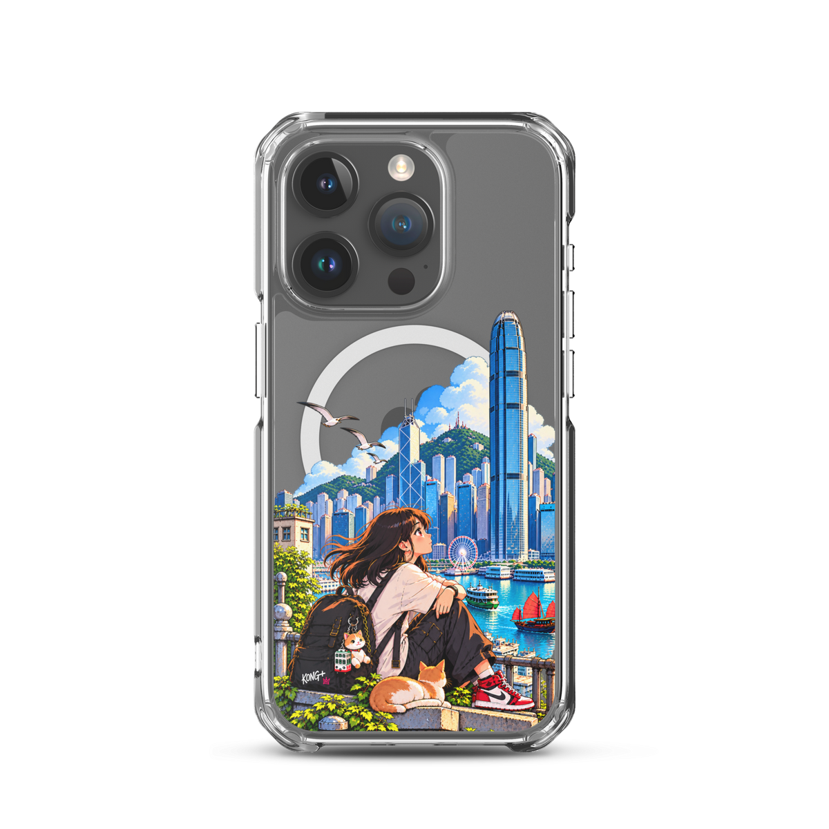 KONG+ Hong Kong Daydream MagSafe iPhone case featuring anime-style girl, cat and colourful Victoria Harbour skyline artwork.