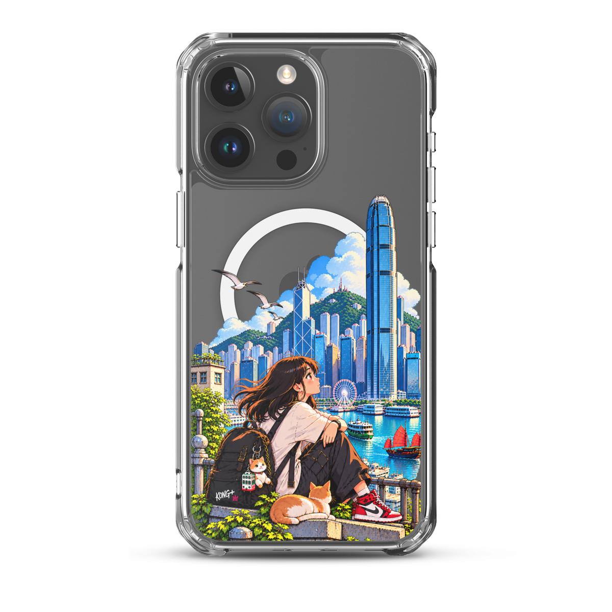 KONG+ Hong Kong Daydream MagSafe iPhone case featuring anime-style girl, cat and colourful Victoria Harbour skyline artwork.