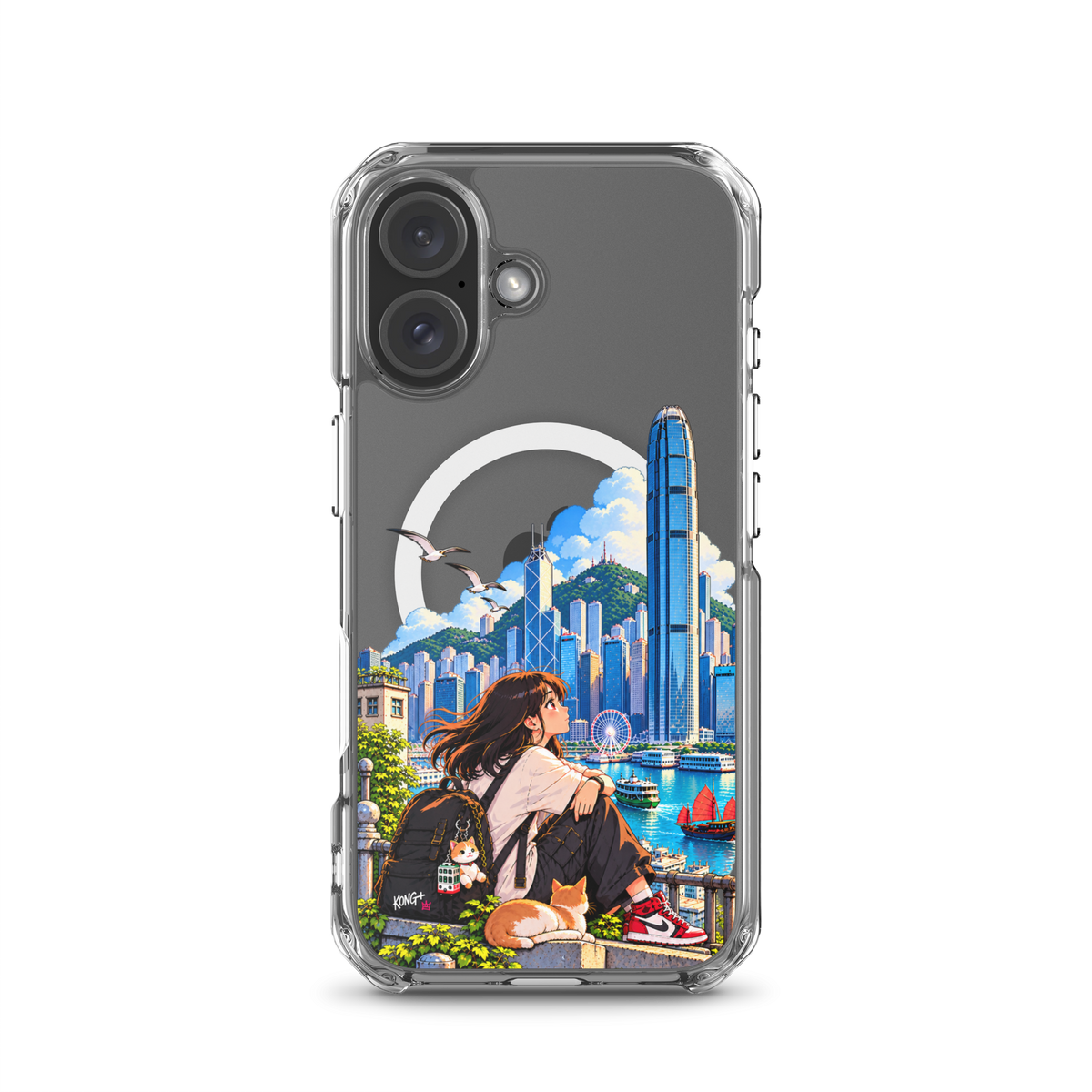 KONG+ Hong Kong Daydream MagSafe iPhone case featuring anime-style girl, cat and colourful Victoria Harbour skyline artwork.