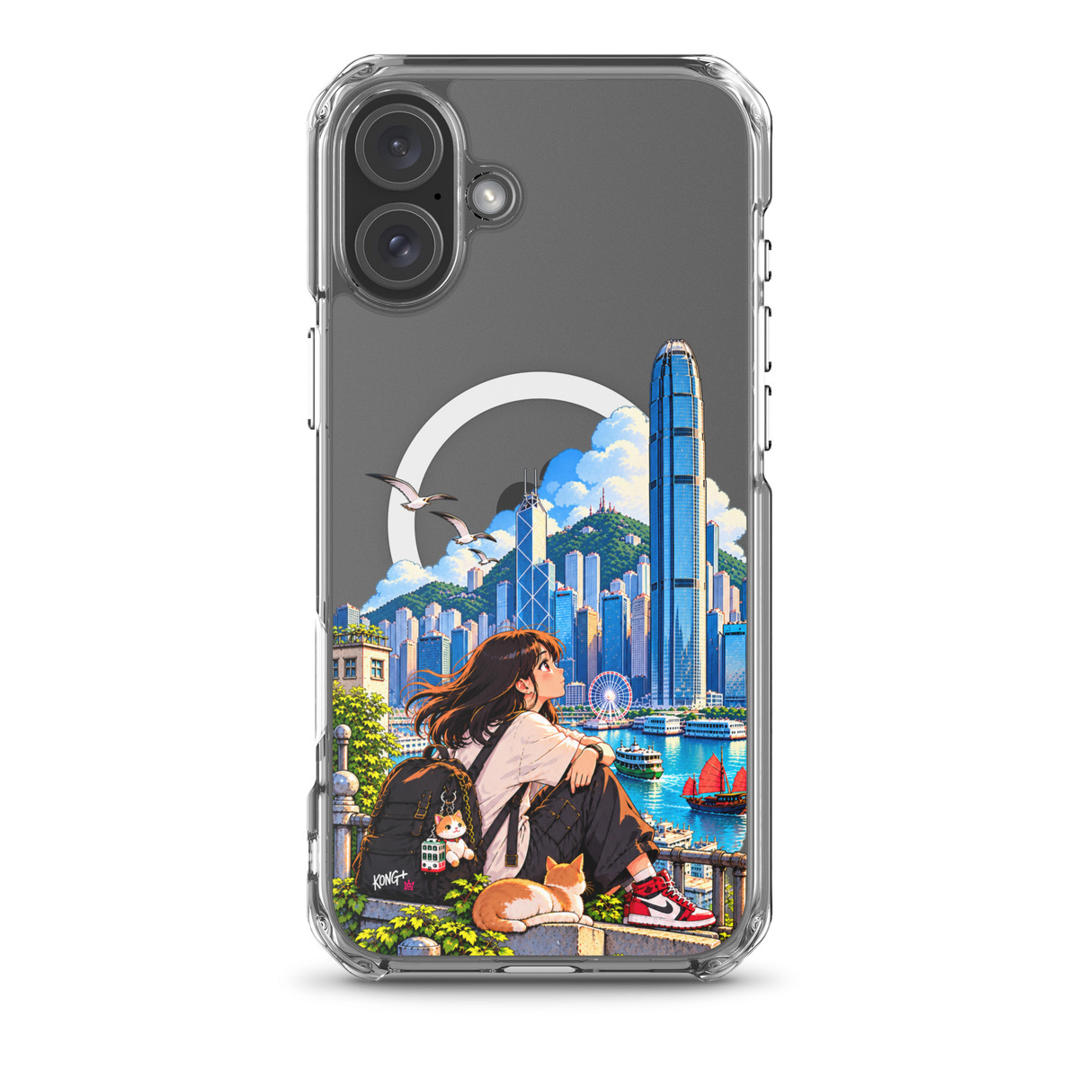KONG+ Hong Kong Daydream MagSafe iPhone case featuring anime-style girl, cat and colourful Victoria Harbour skyline artwork.