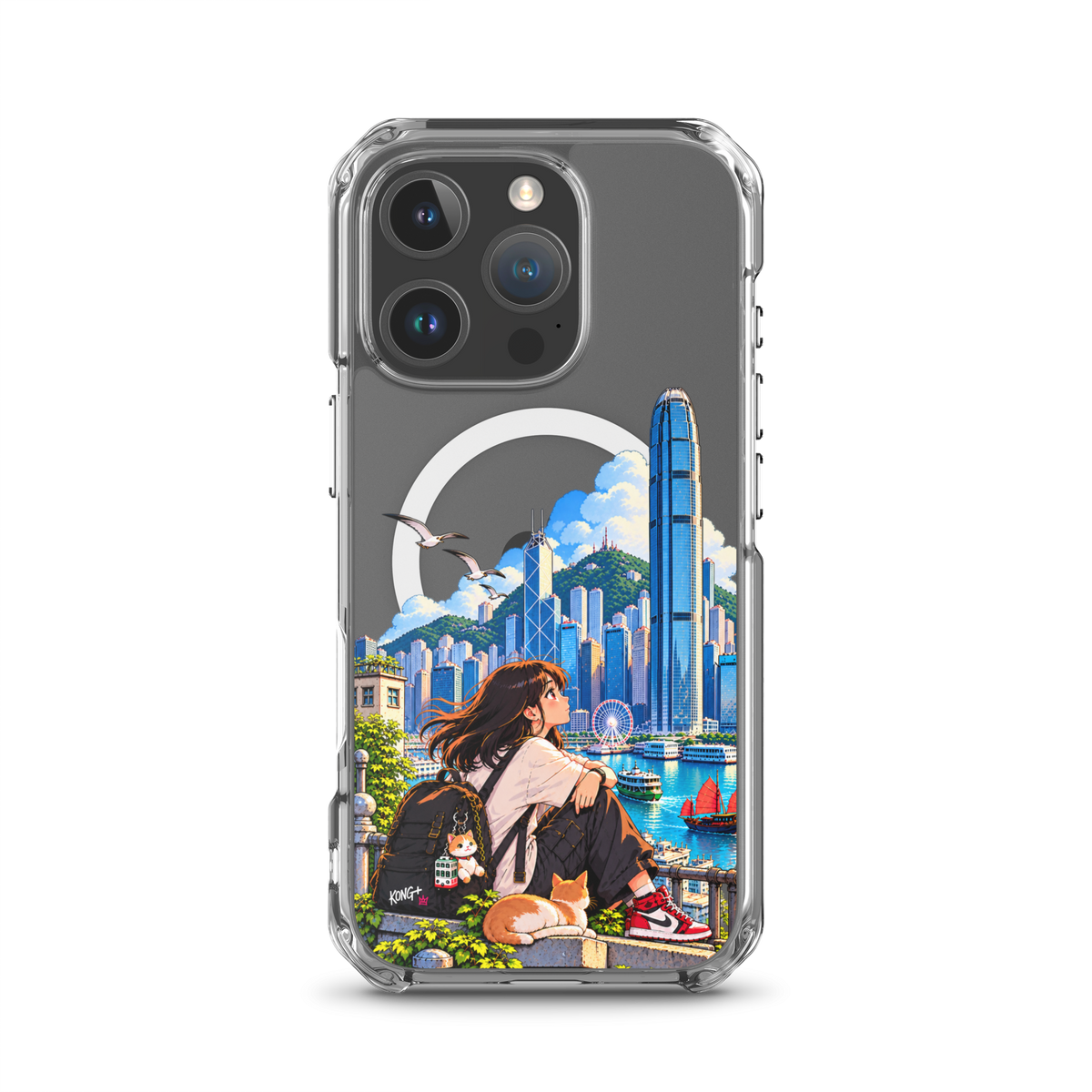 KONG+ Hong Kong Daydream MagSafe iPhone case featuring anime-style girl, cat and colourful Victoria Harbour skyline artwork.