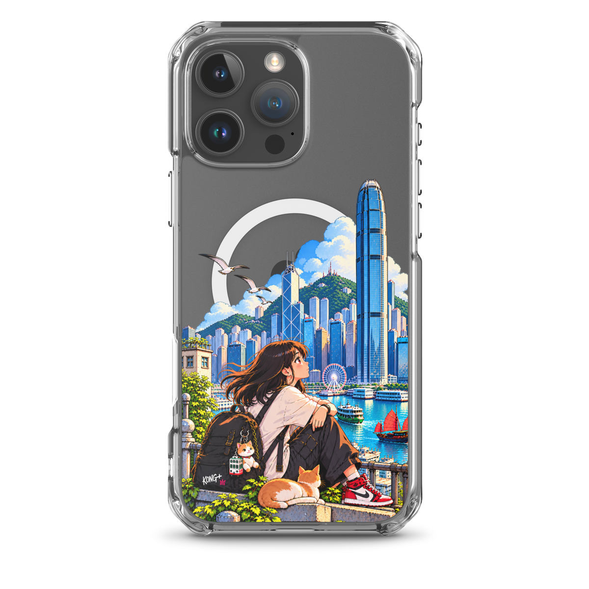KONG+ Hong Kong Daydream MagSafe iPhone case featuring anime-style girl, cat and colourful Victoria Harbour skyline artwork.