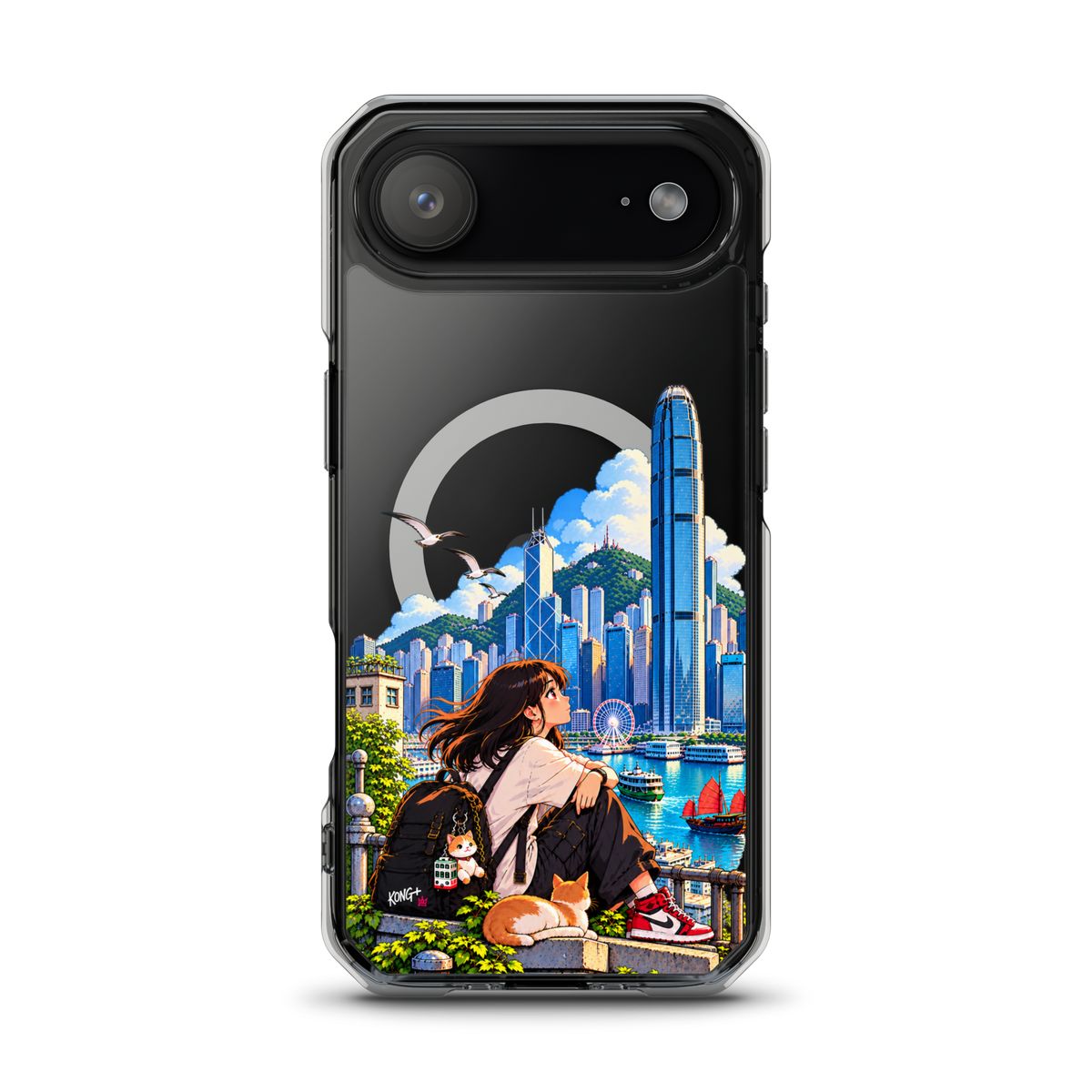 KONG+ Hong Kong Daydream MagSafe iPhone case featuring anime-style girl, cat and colourful Victoria Harbour skyline artwork.