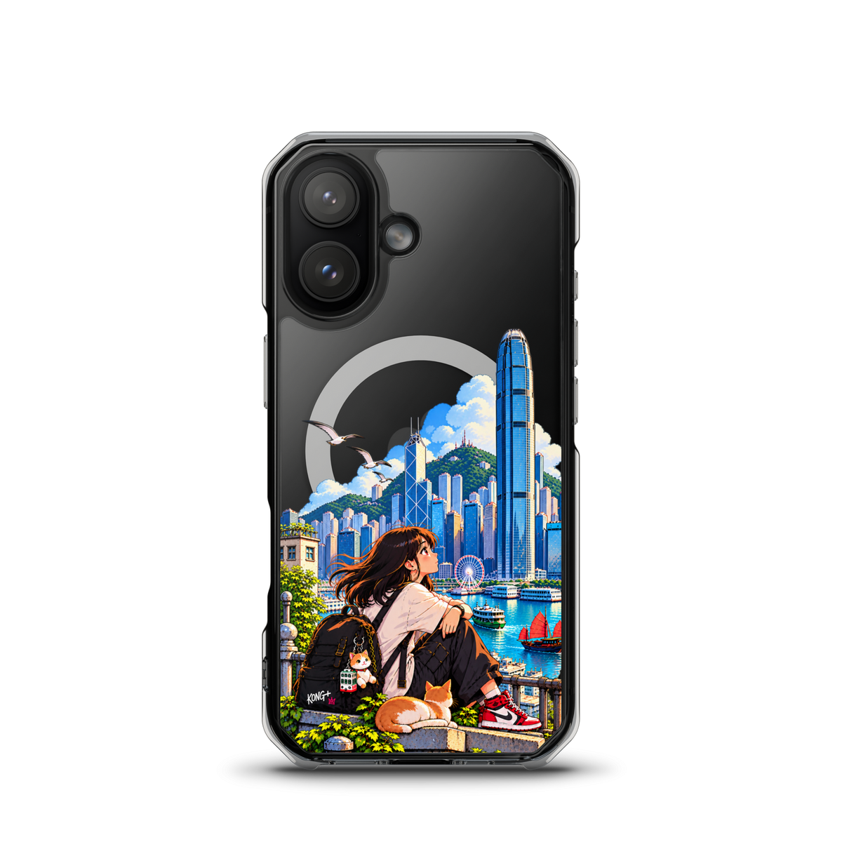 KONG+ Hong Kong Daydream MagSafe iPhone case featuring anime-style girl, cat and colourful Victoria Harbour skyline artwork.