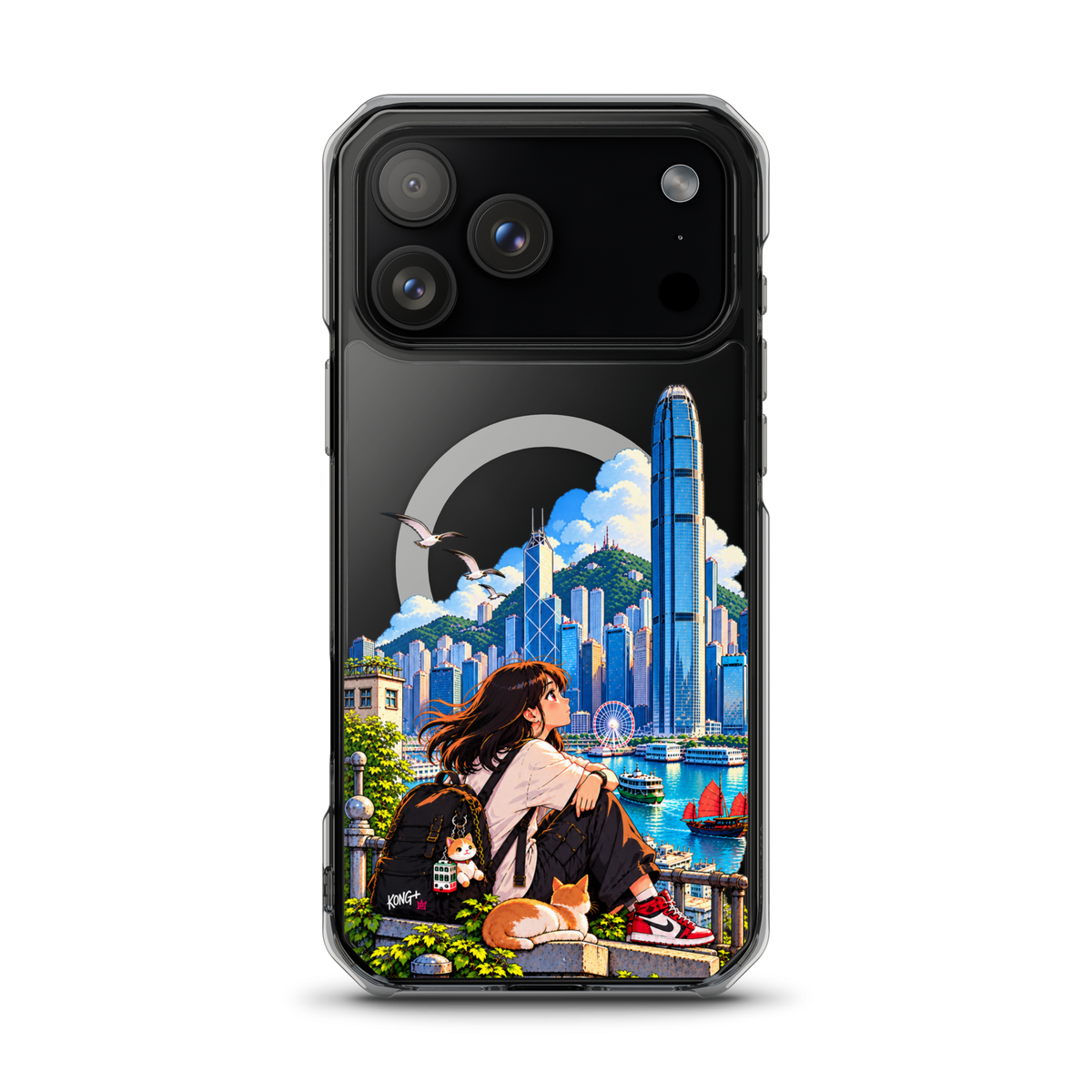 KONG+ Hong Kong Daydream MagSafe iPhone case featuring anime-style girl, cat and colourful Victoria Harbour skyline artwork.