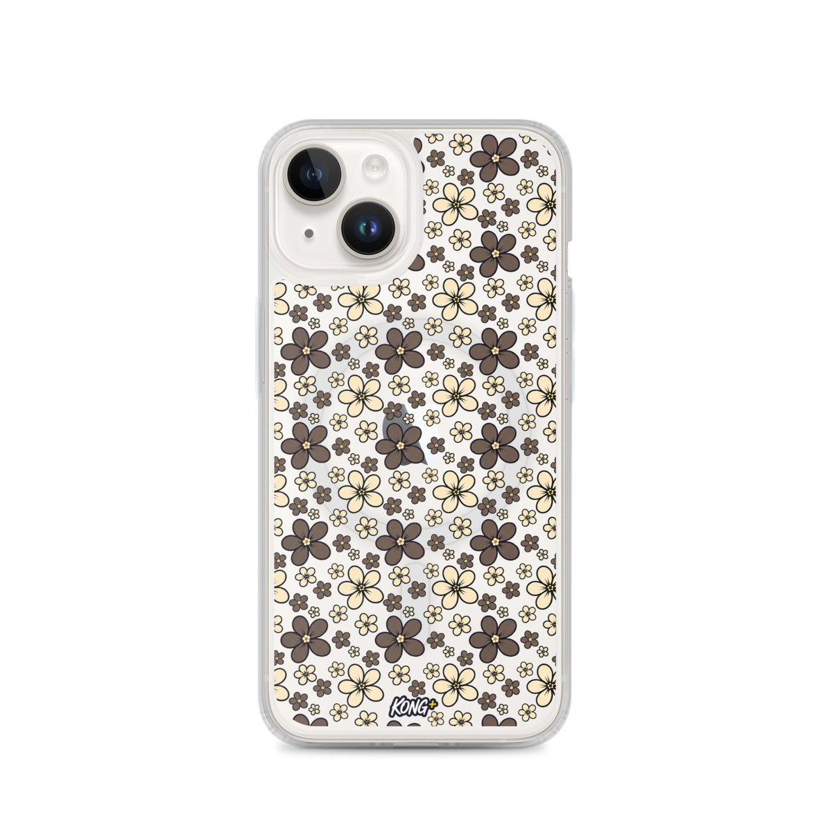 KONG+ Midnight Blossom floral iPhone case with cream and mocha flower pattern on black background
