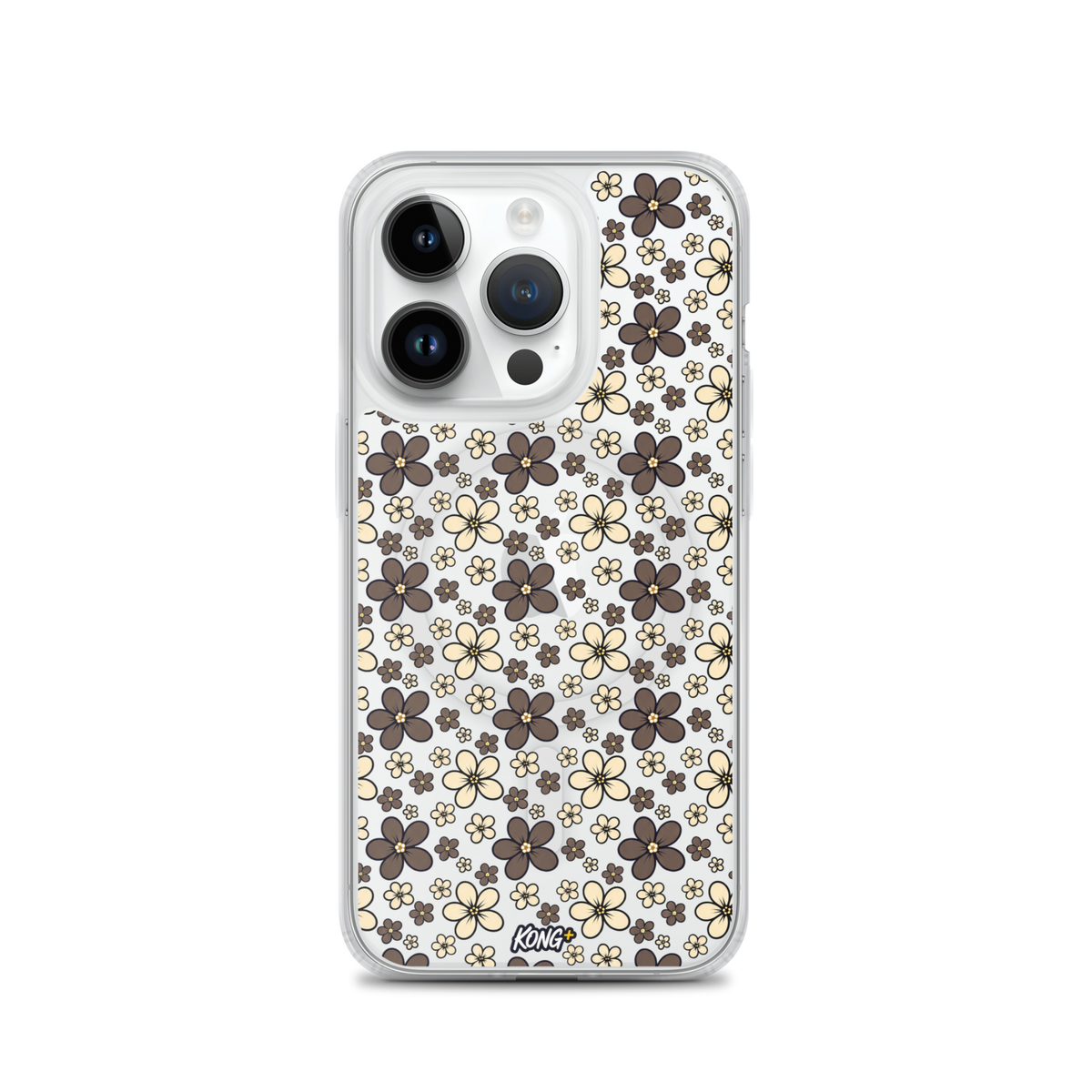 KONG+ Midnight Blossom floral iPhone case with cream and mocha flower pattern on black background