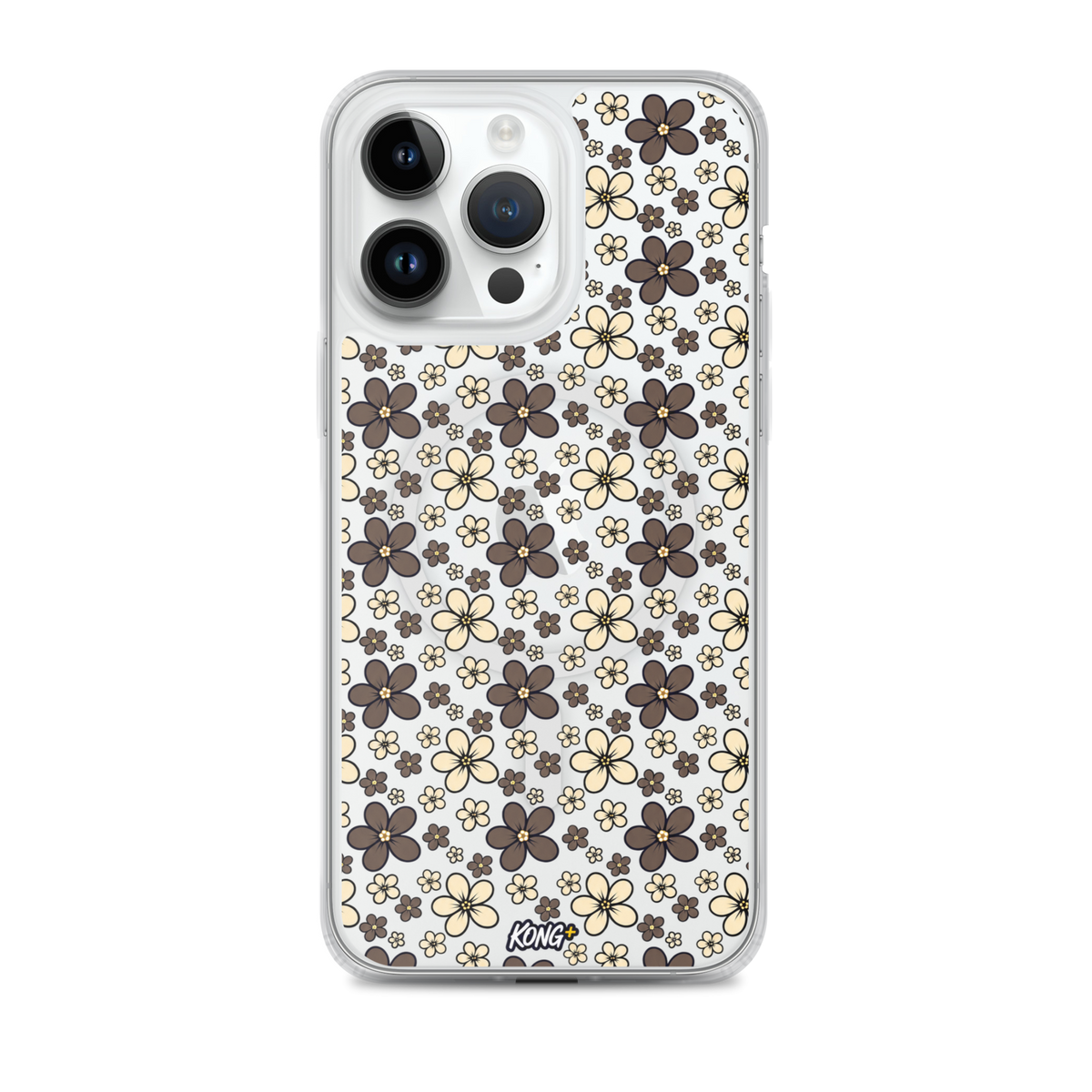 KONG+ Midnight Blossom floral iPhone case with cream and mocha flower pattern on black background