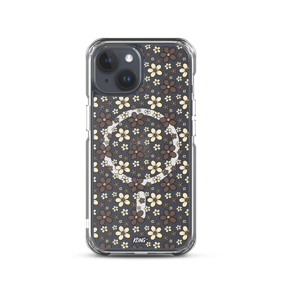 KONG+ Midnight Blossom floral iPhone case with cream and mocha flower pattern on black background