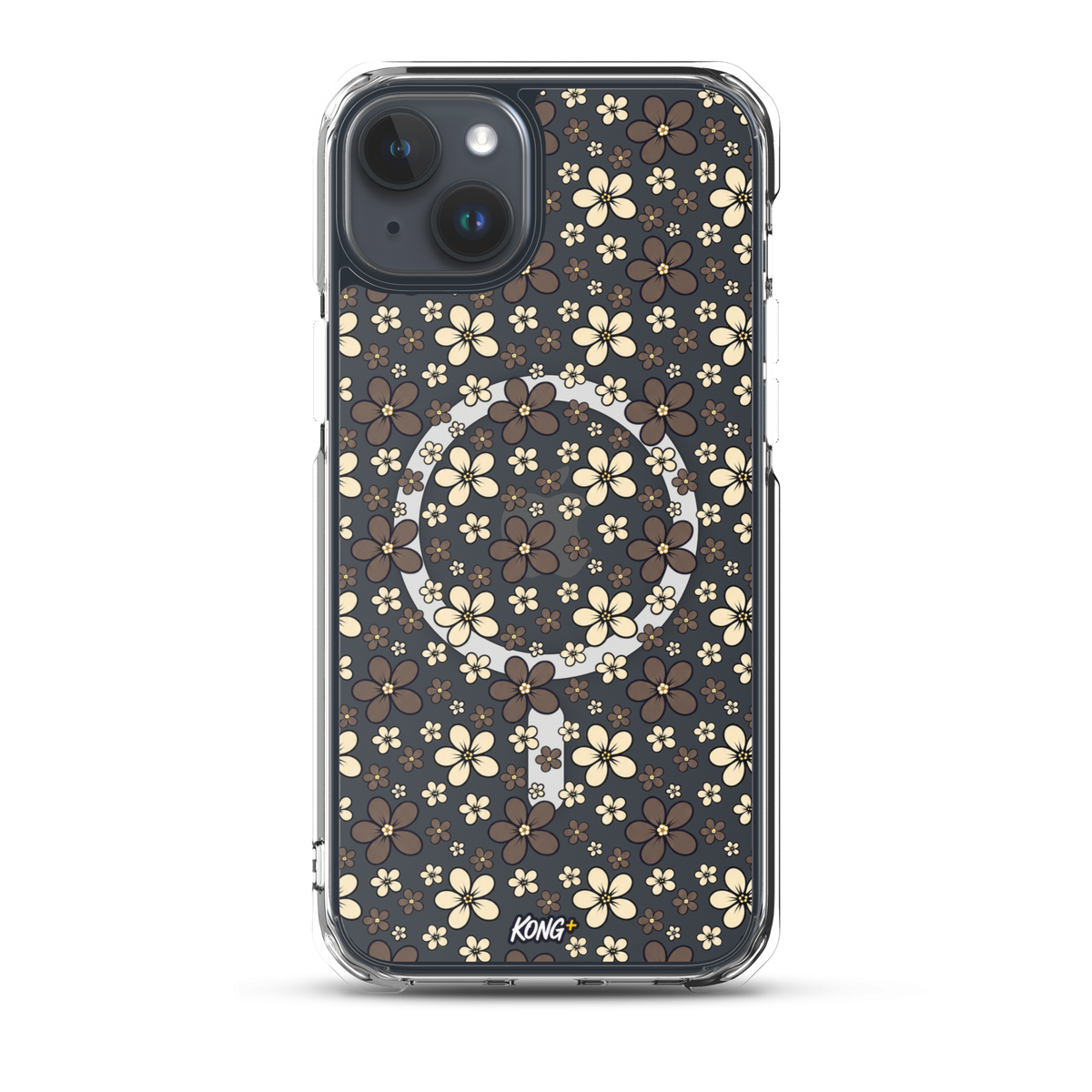 KONG+ Midnight Blossom floral iPhone case with cream and mocha flower pattern on black background