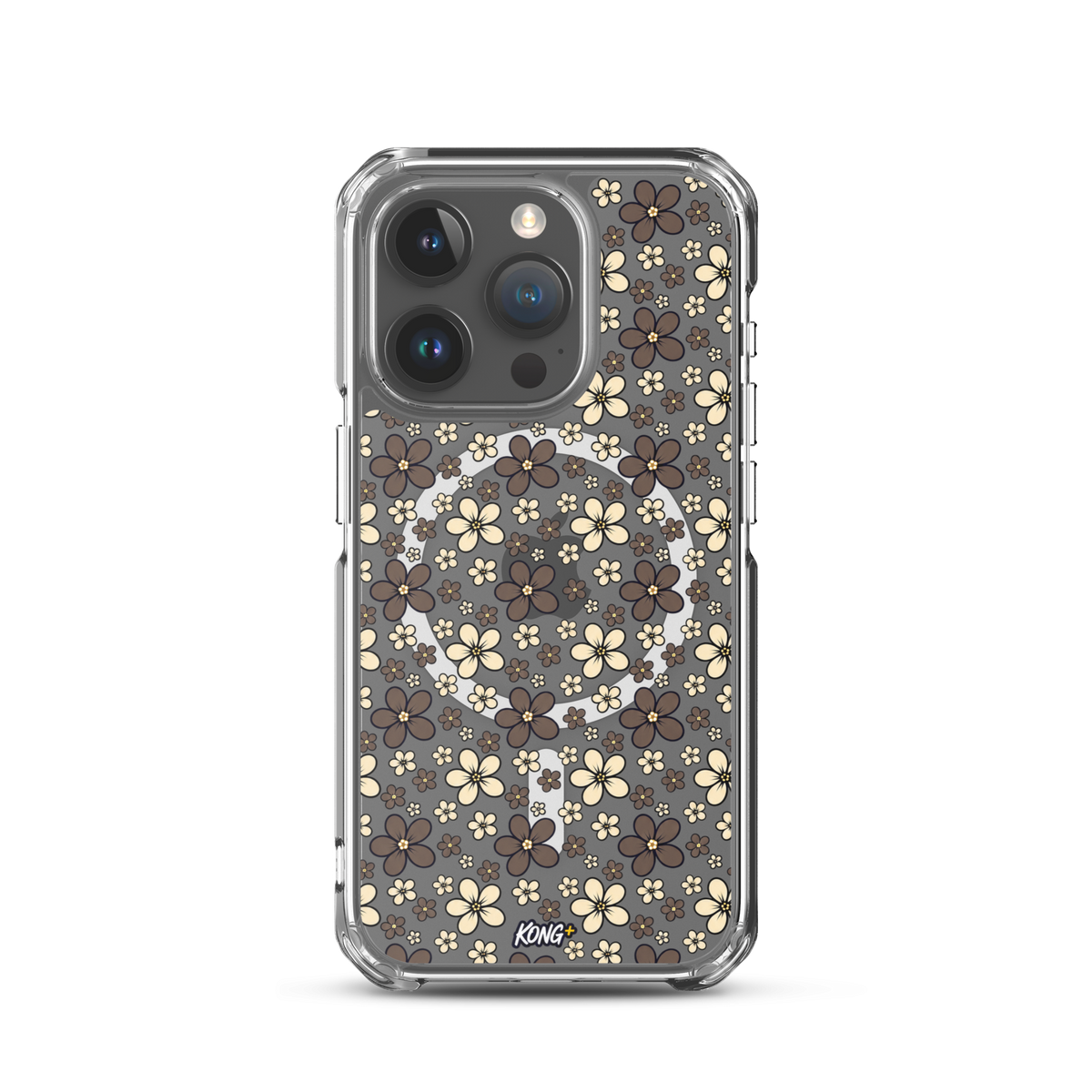 KONG+ Midnight Blossom floral iPhone case with cream and mocha flower pattern on black background