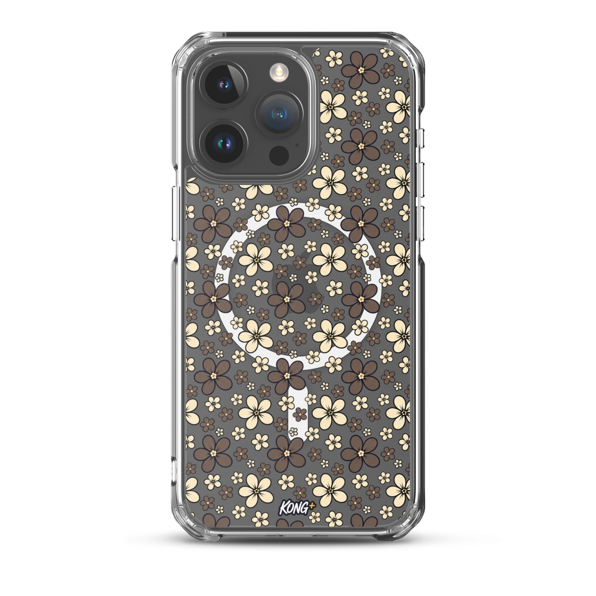 KONG+ Midnight Blossom floral iPhone case with cream and mocha flower pattern on black background