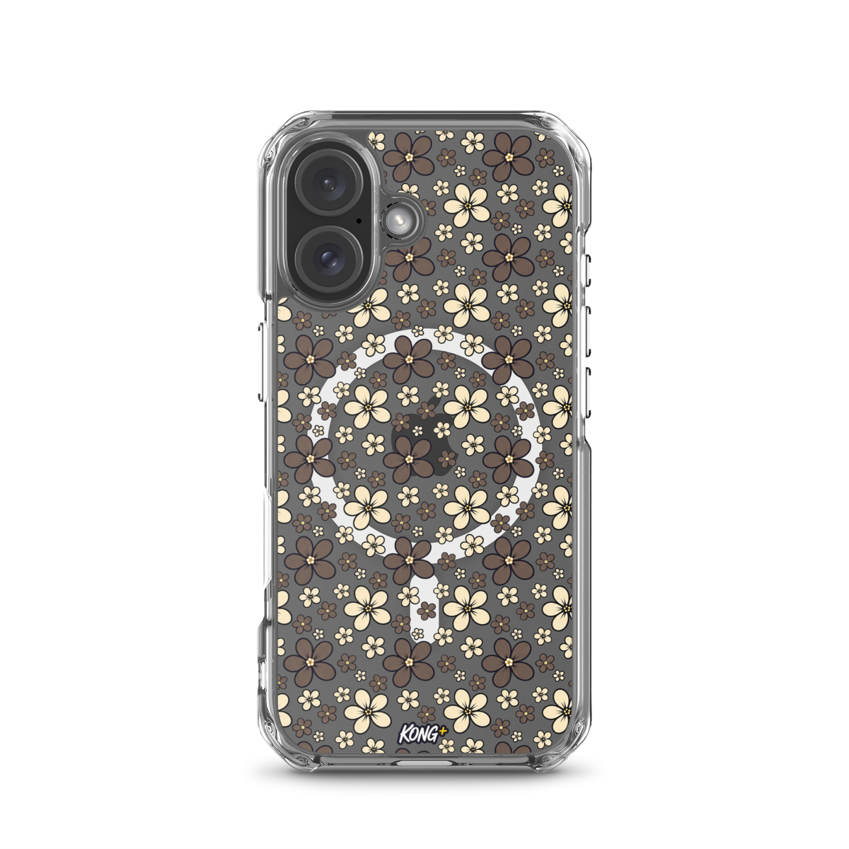 KONG+ Midnight Blossom floral iPhone case with cream and mocha flower pattern on black background