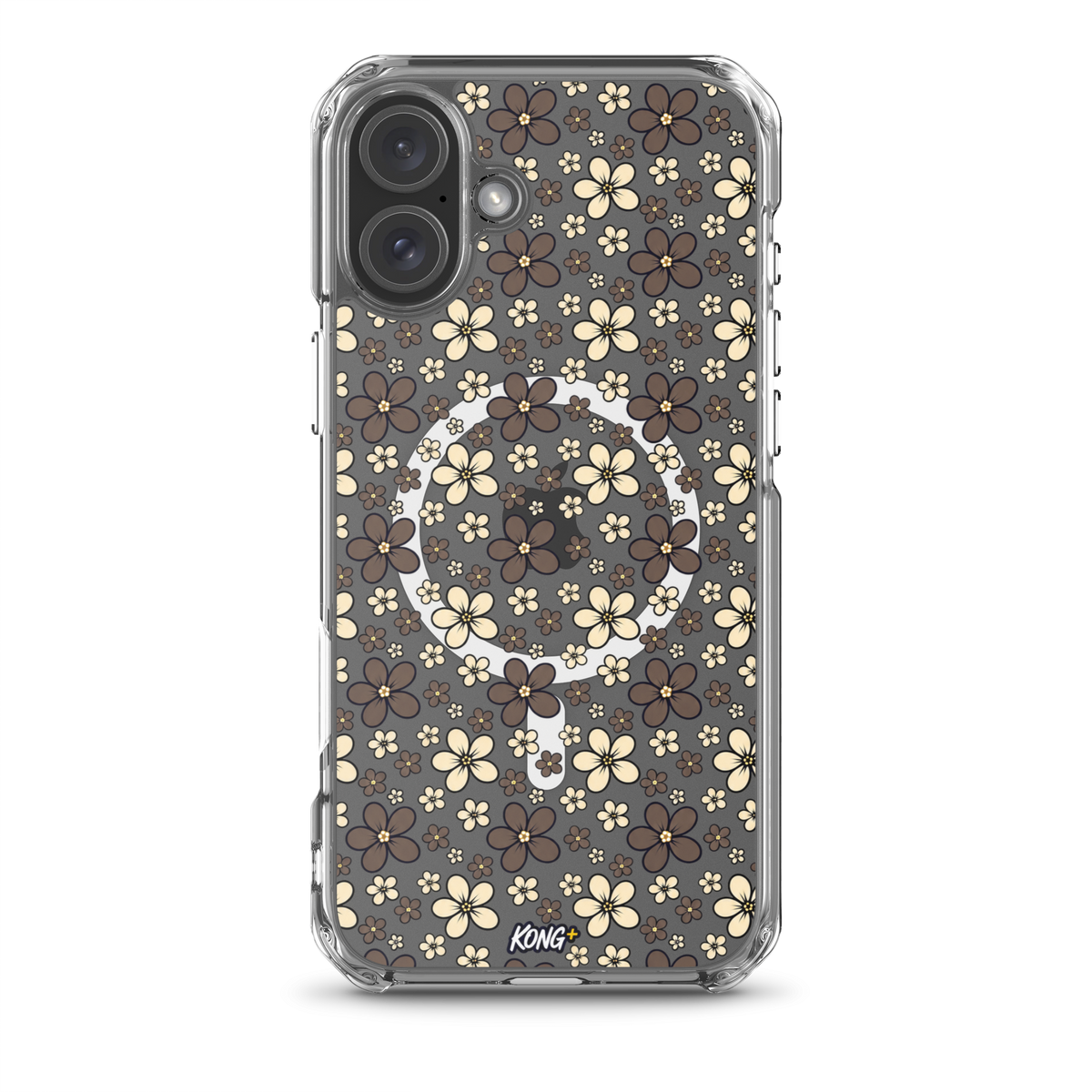 KONG+ Midnight Blossom floral iPhone case with cream and mocha flower pattern on black background