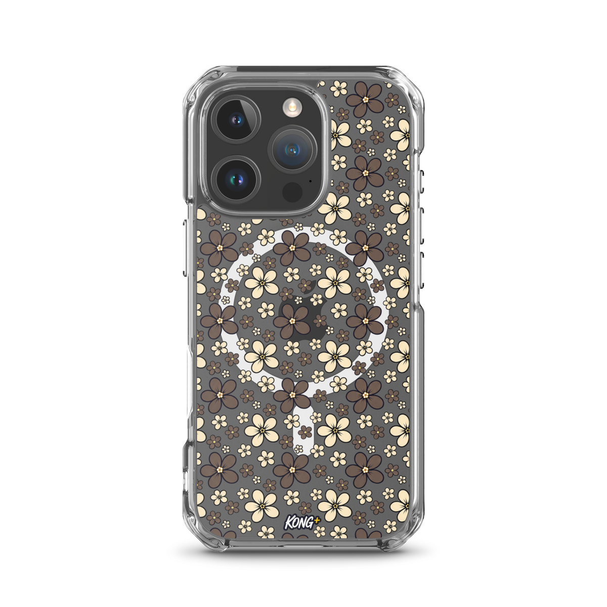 KONG+ Midnight Blossom floral iPhone case with cream and mocha flower pattern on black background