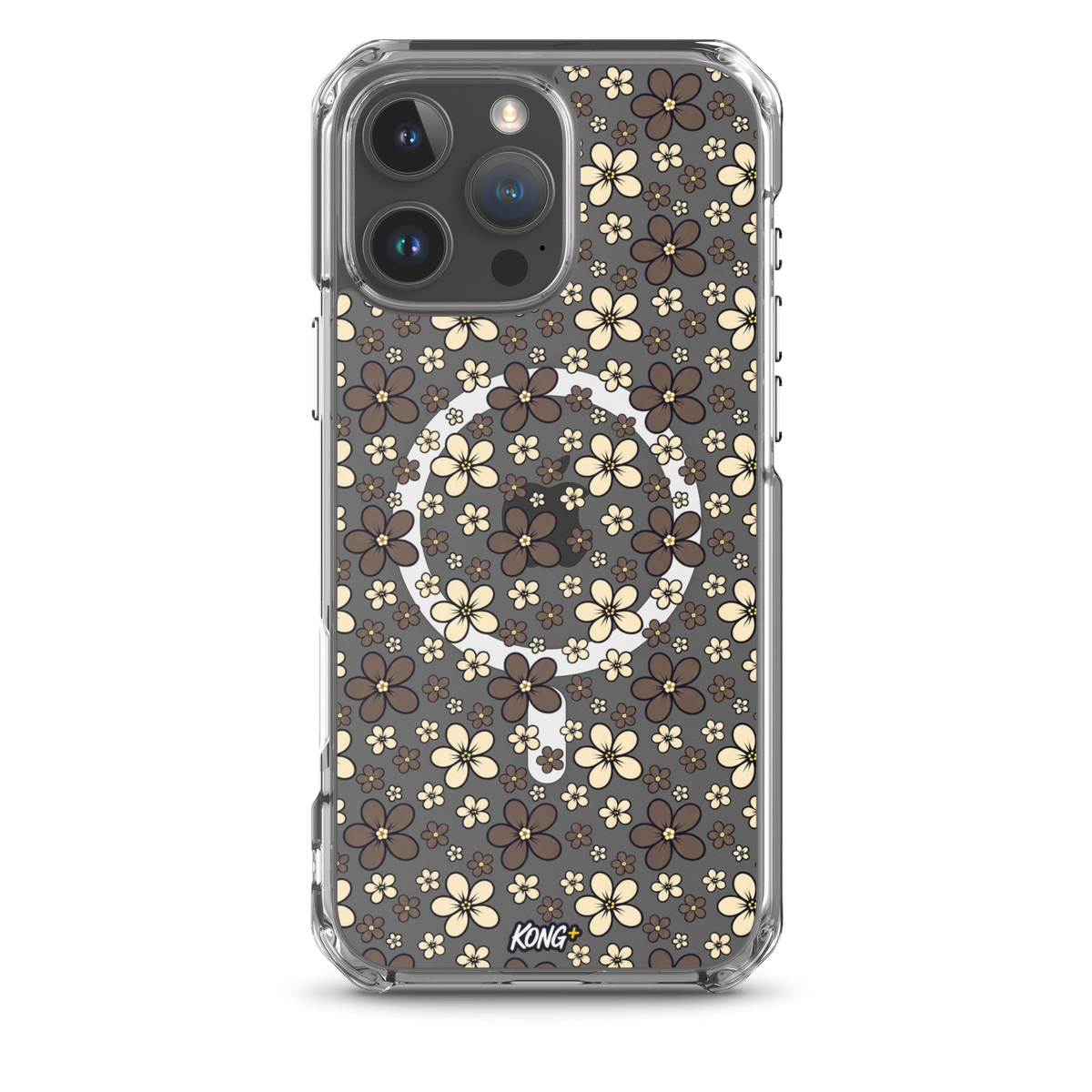 KONG+ Midnight Blossom floral iPhone case with cream and mocha flower pattern on black background