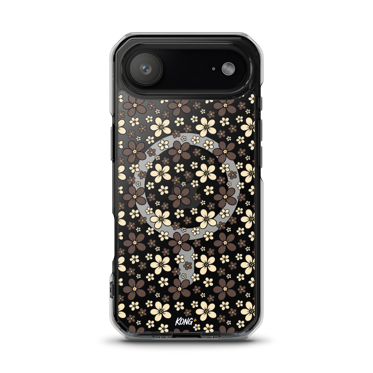 KONG+ Midnight Blossom floral iPhone case with cream and mocha flower pattern on black background
