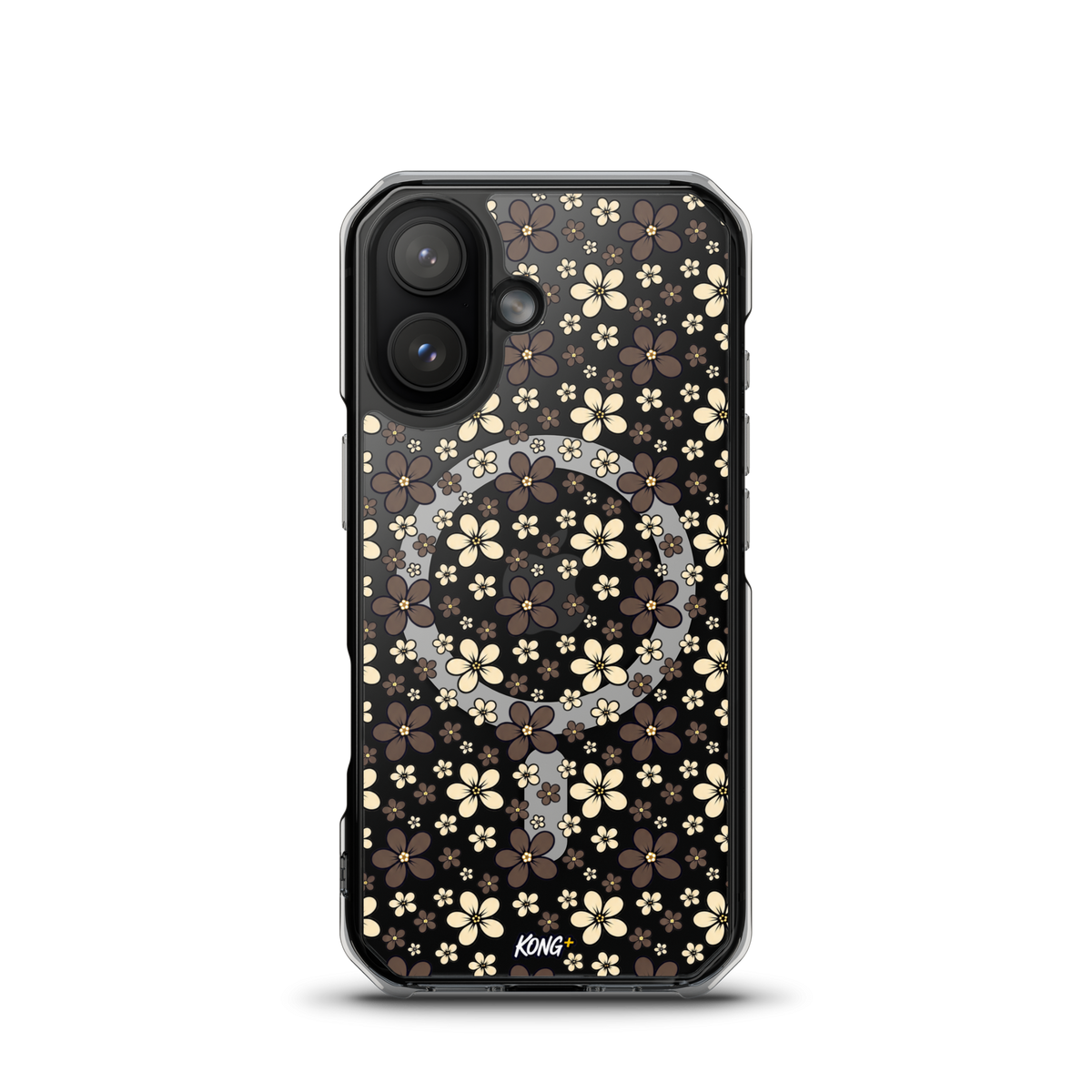 KONG+ Midnight Blossom floral iPhone case with cream and mocha flower pattern on black background