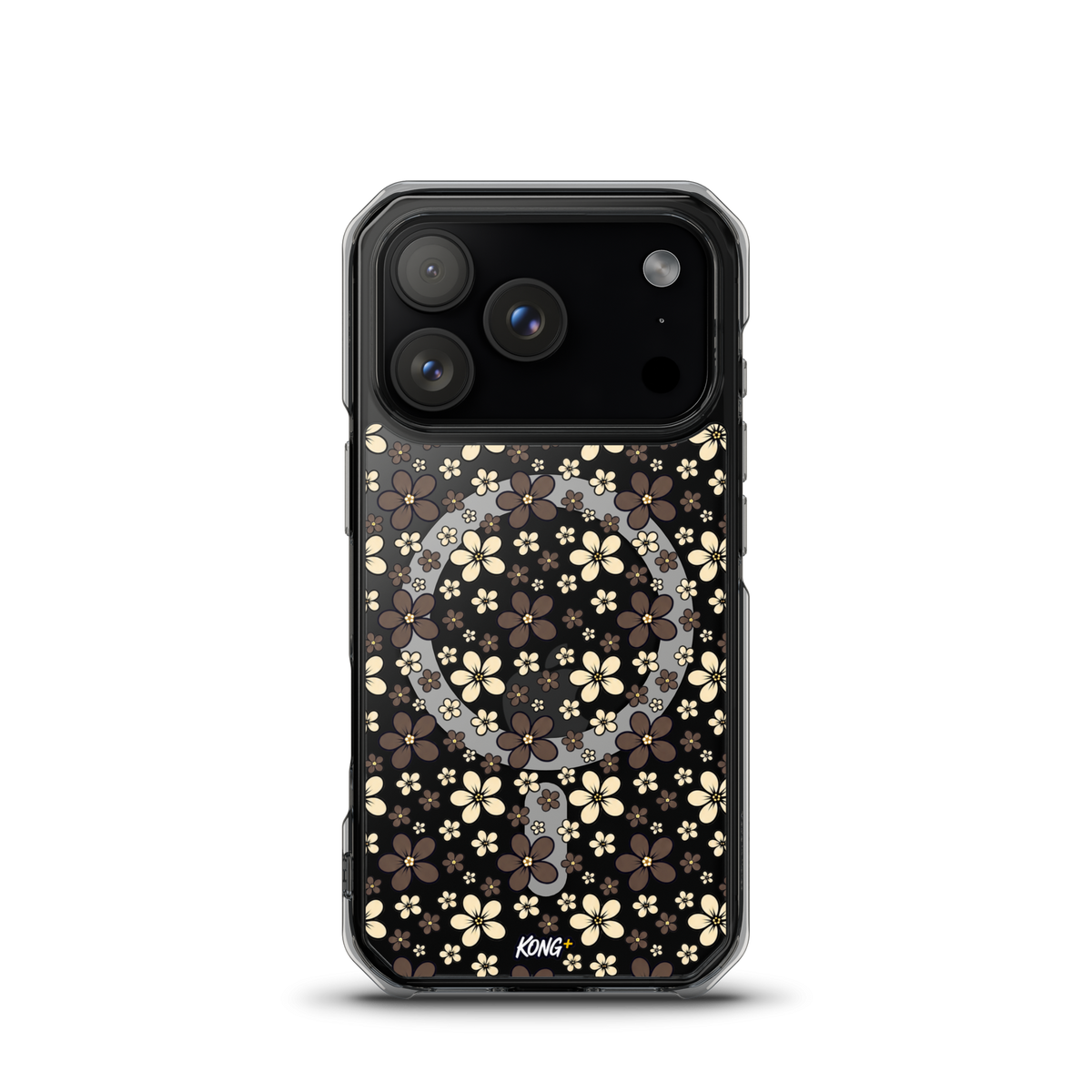 KONG+ Midnight Blossom floral iPhone case with cream and mocha flower pattern on black background