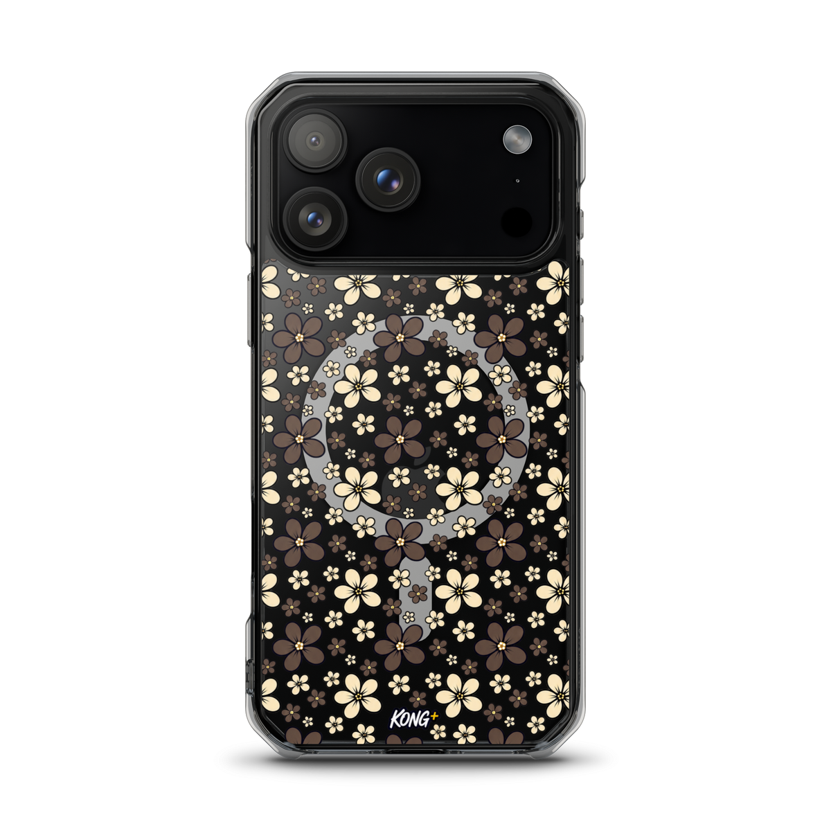KONG+ Midnight Blossom floral iPhone case with cream and mocha flower pattern on black background