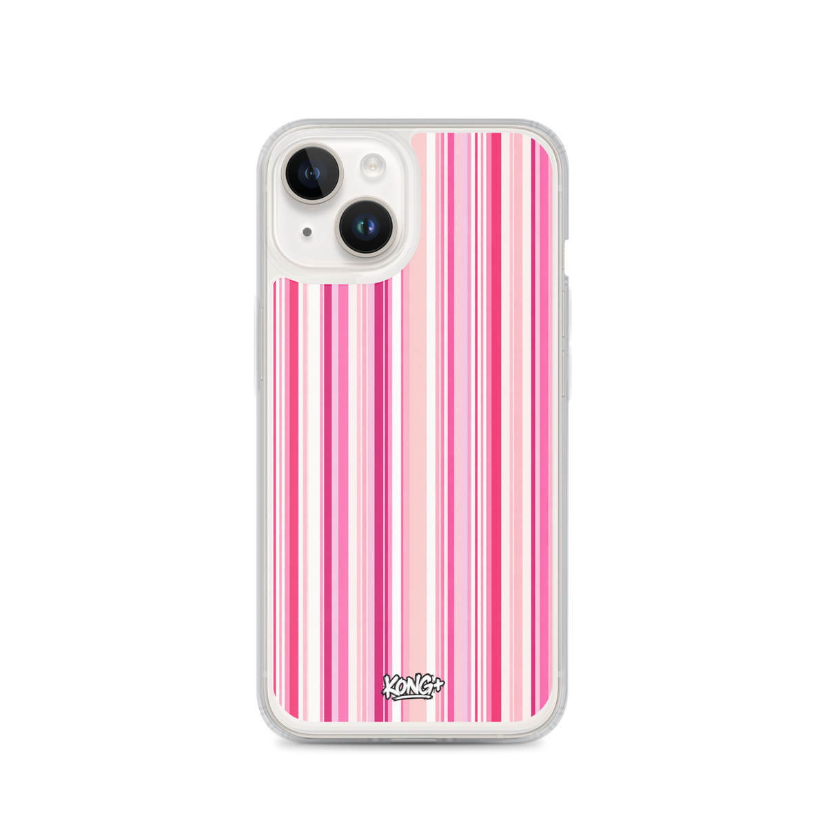 KONG+ Pink Rhythm striped iPhone case featuring blush pink, hot pink and white vertical stripes, shown on an iPhone with clear protective edges.