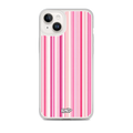 KONG+ Pink Rhythm striped iPhone case featuring blush pink, hot pink and white vertical stripes, shown on an iPhone with clear protective edges.