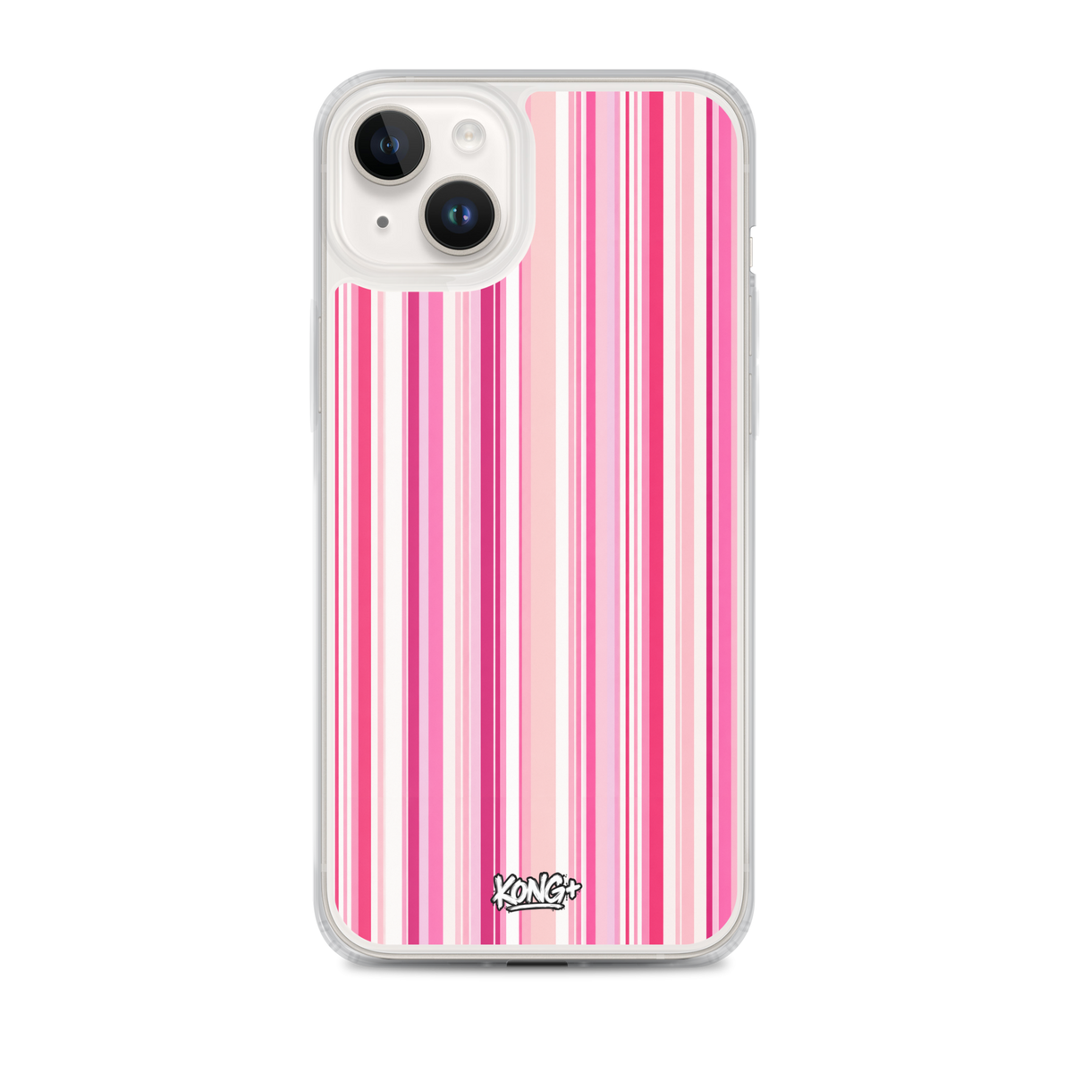 KONG+ Pink Rhythm striped iPhone case featuring blush pink, hot pink and white vertical stripes, shown on an iPhone with clear protective edges.