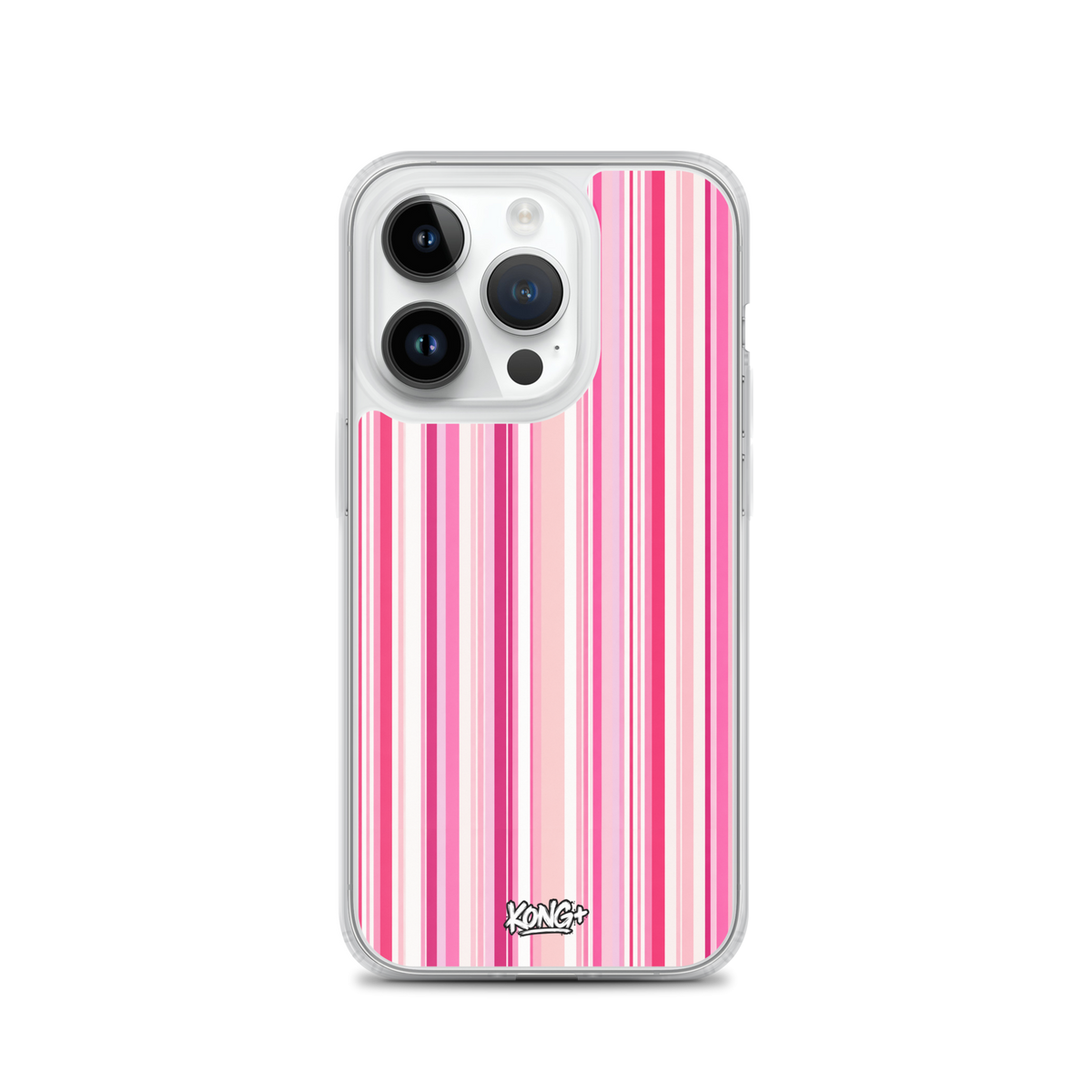 KONG+ Pink Rhythm striped iPhone case featuring blush pink, hot pink and white vertical stripes, shown on an iPhone with clear protective edges.